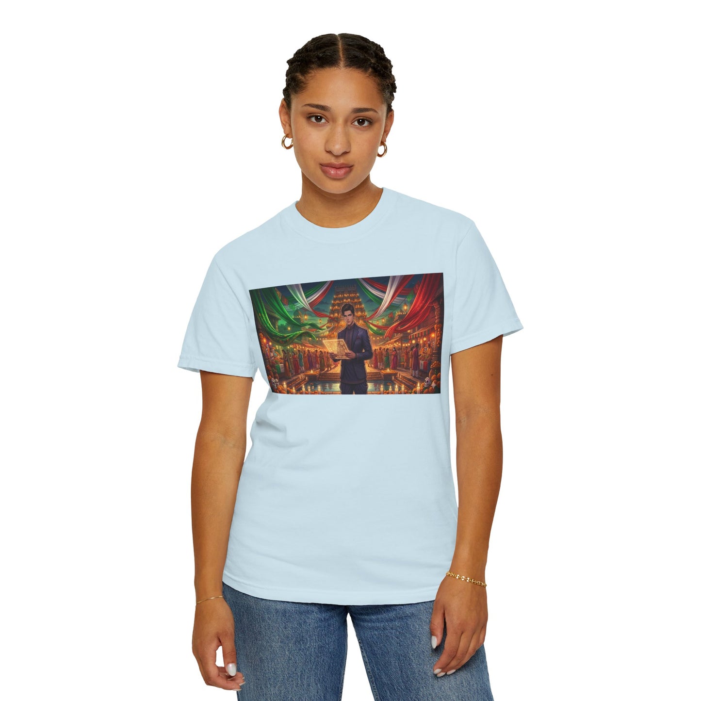 T-Shirt — Dragon Temple Night Scene Graphic Tee (Monk with Dragons)