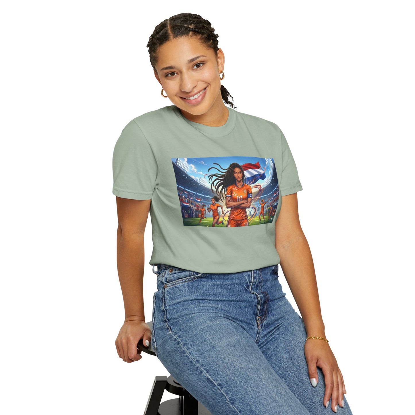 Soccer Warrior T-Shirt — Netherlands Female Captain with Flag Stadium Graphic