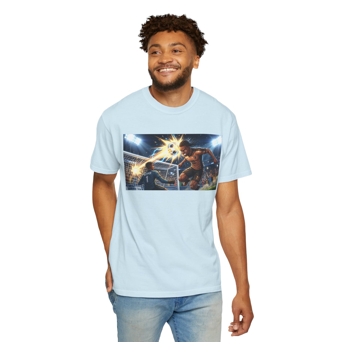 Soccer Goal Celebration T-Shirt — Action Football Scene Graphic Tee