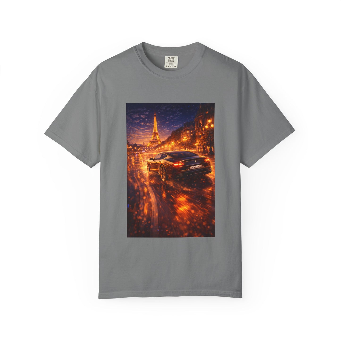 Paris Night Drive T-Shirt — Sports Car in Rainy Cityscape