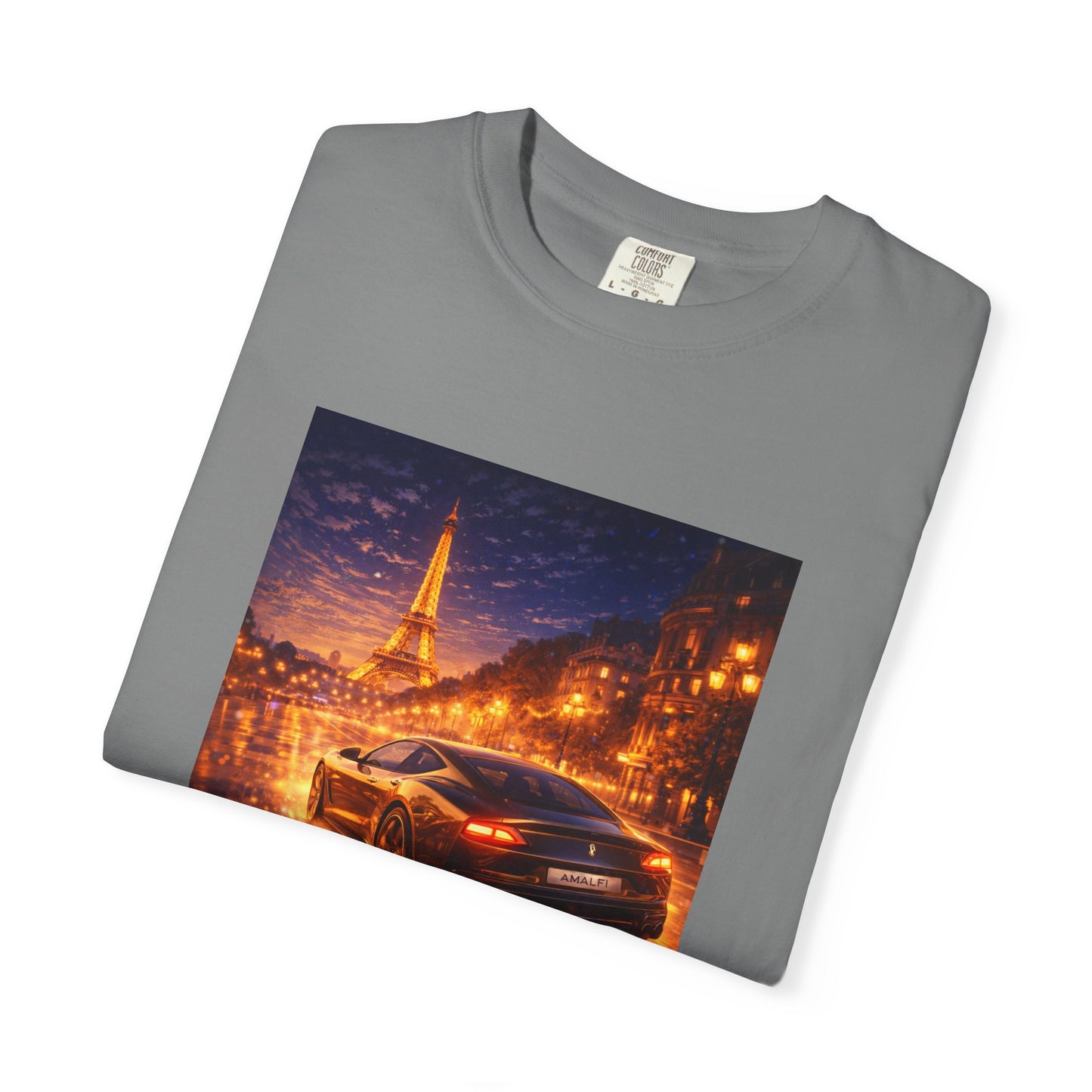 Paris Night Drive T-Shirt — Sports Car in Rainy Cityscape