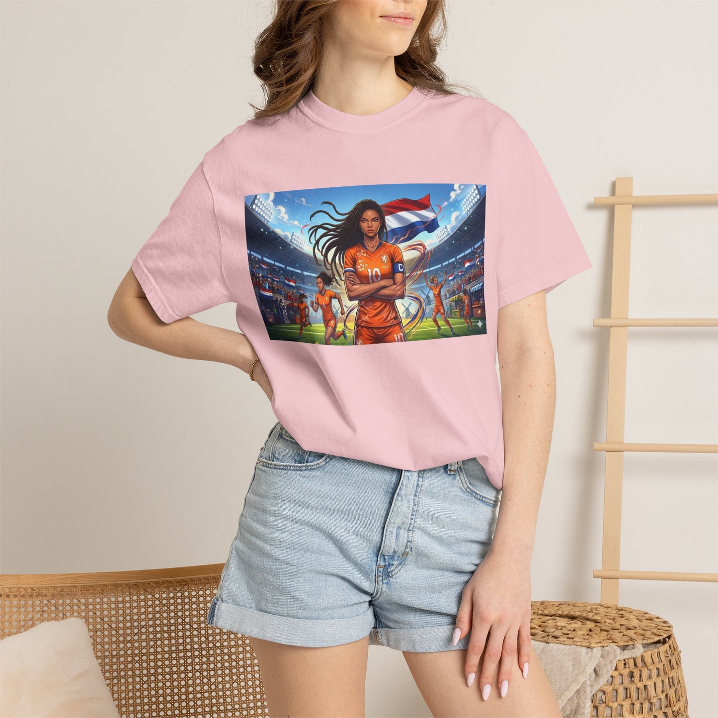 Soccer Warrior T-Shirt — Netherlands Female Captain with Flag Stadium Graphic