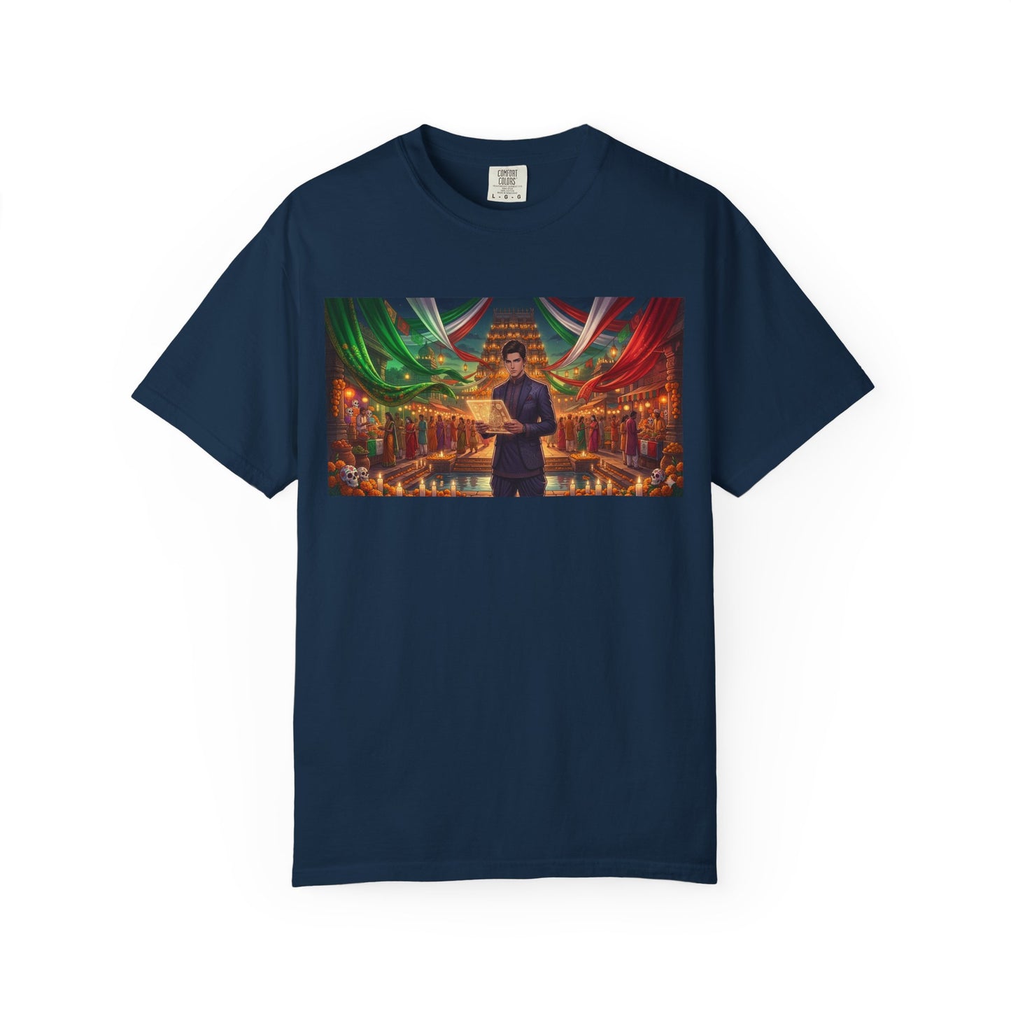 T-Shirt — Dragon Temple Night Scene Graphic Tee (Monk with Dragons)