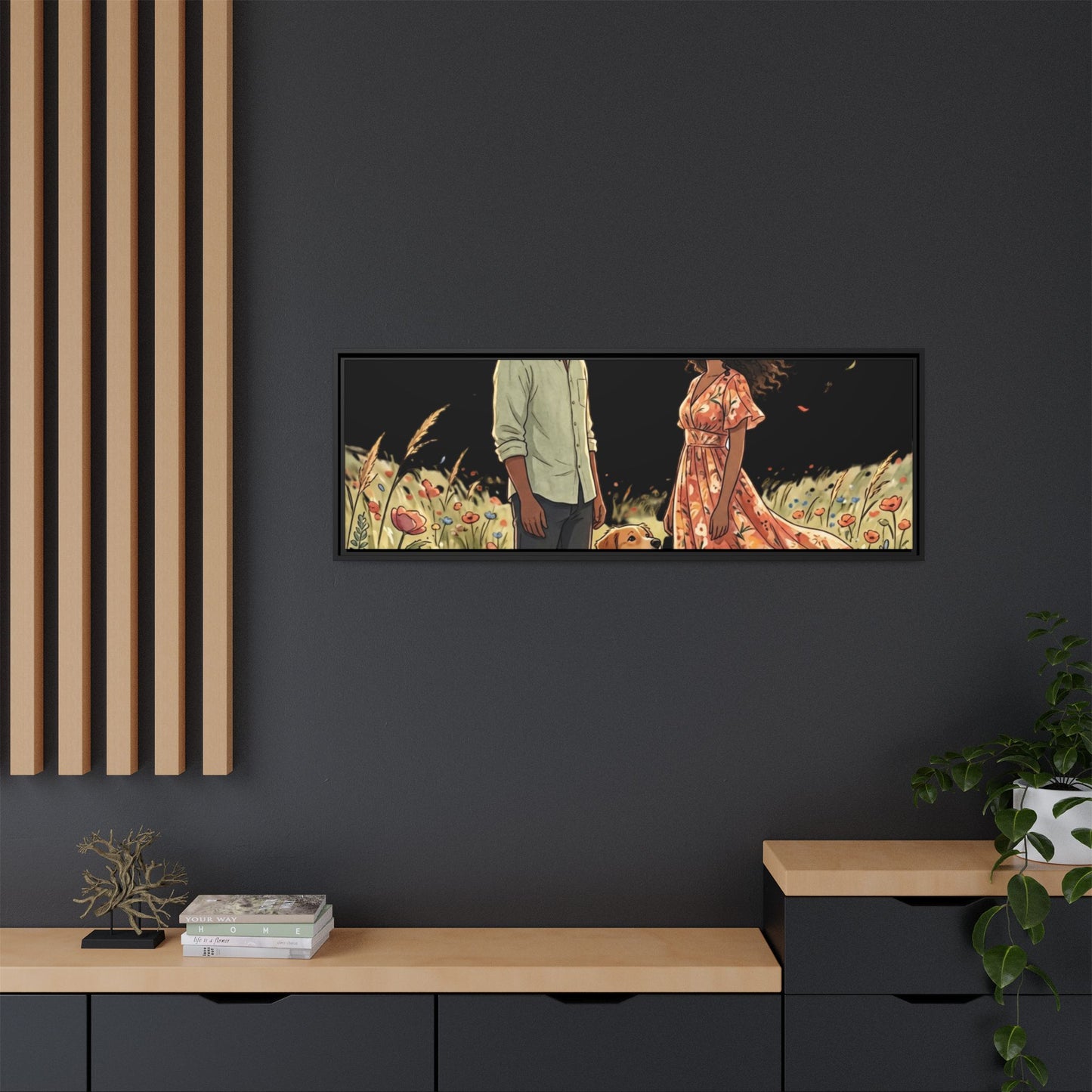 Framed Matte Canvas Print — Romantic Couple in Wildflower Field (Multi‑Color)