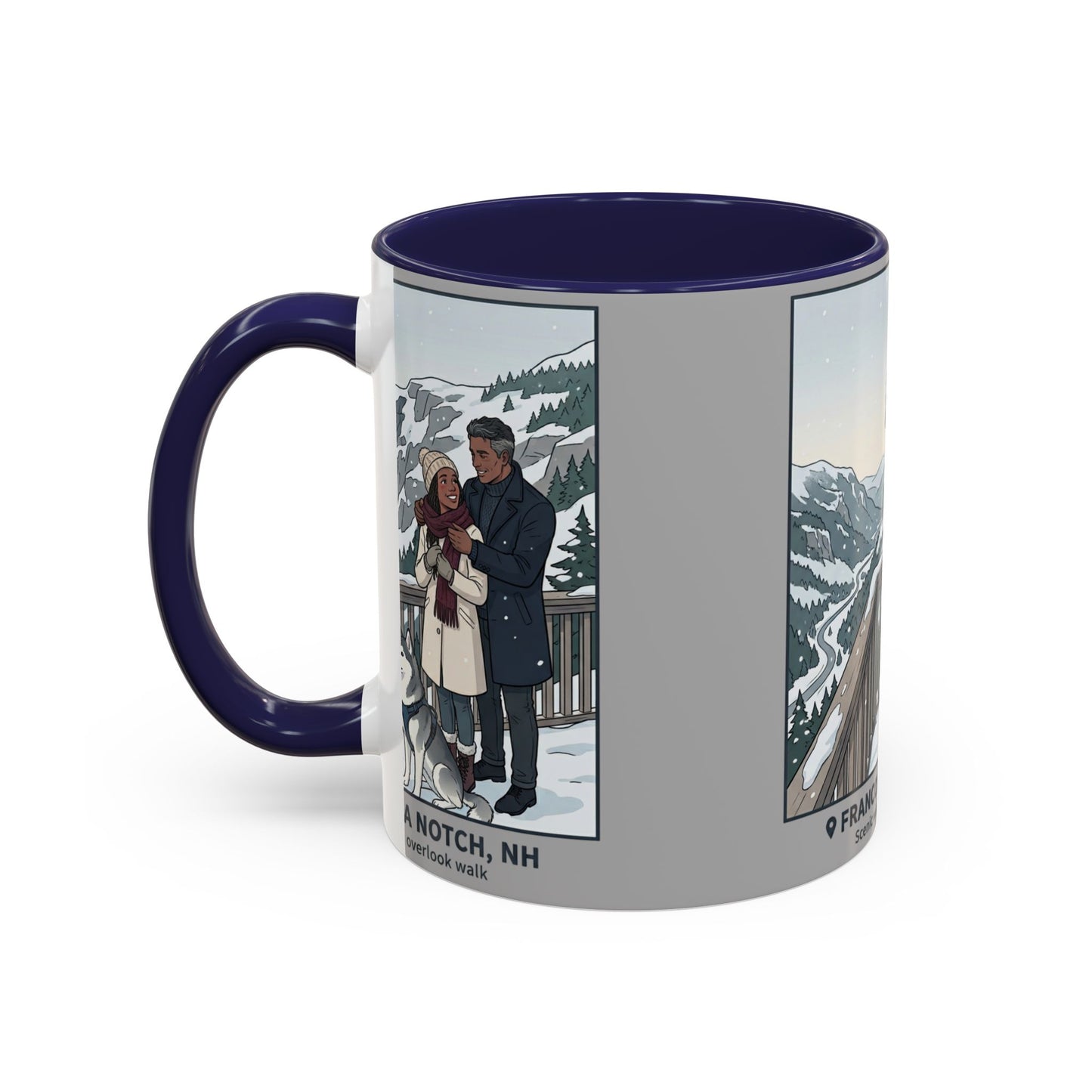 Franconia Notch Scenic Winter Mug — Couples & Dog Snowy Overlook Coffee Cup (11/15oz)