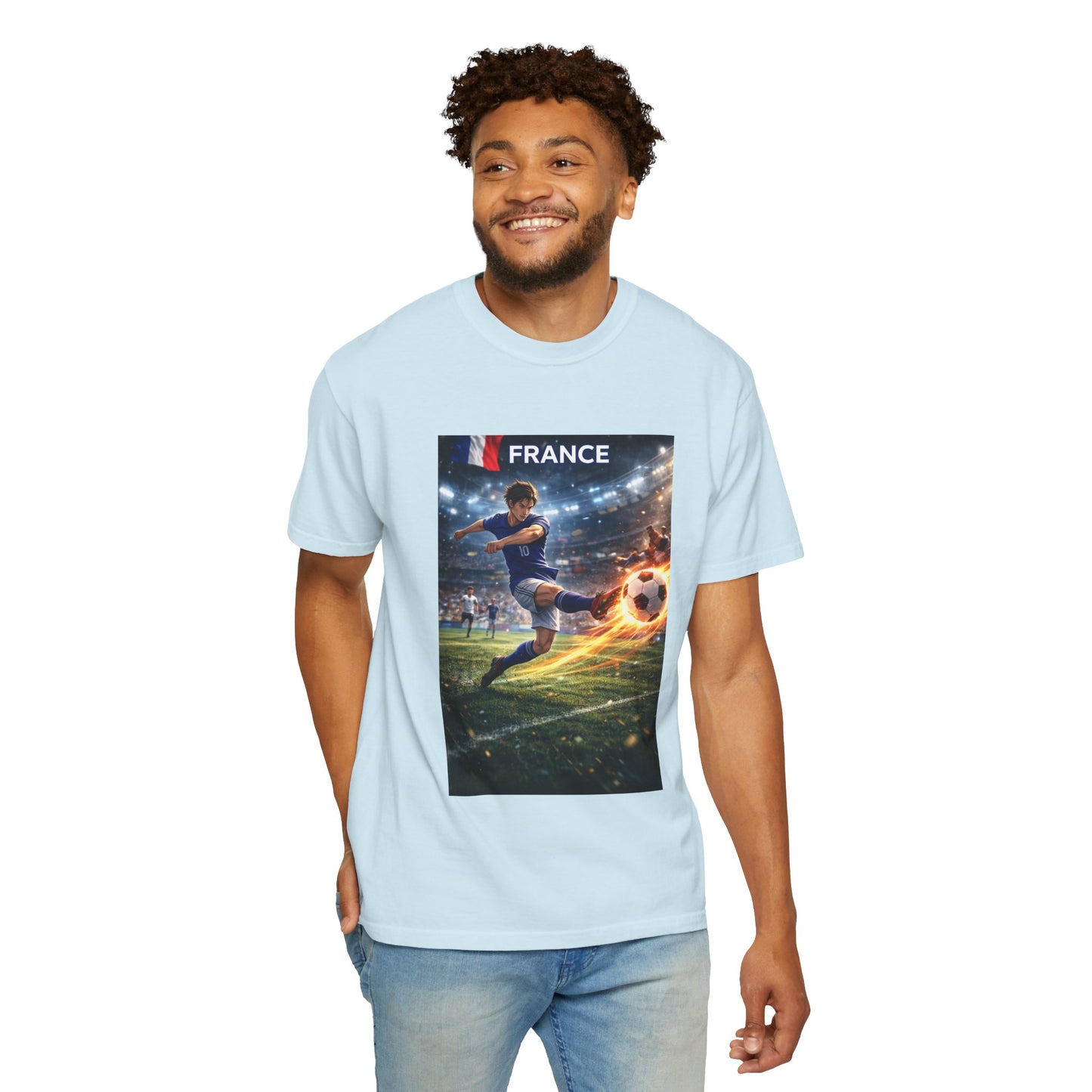 France Soccer Player Graphic T-Shirt — Football Kick Stadium Design