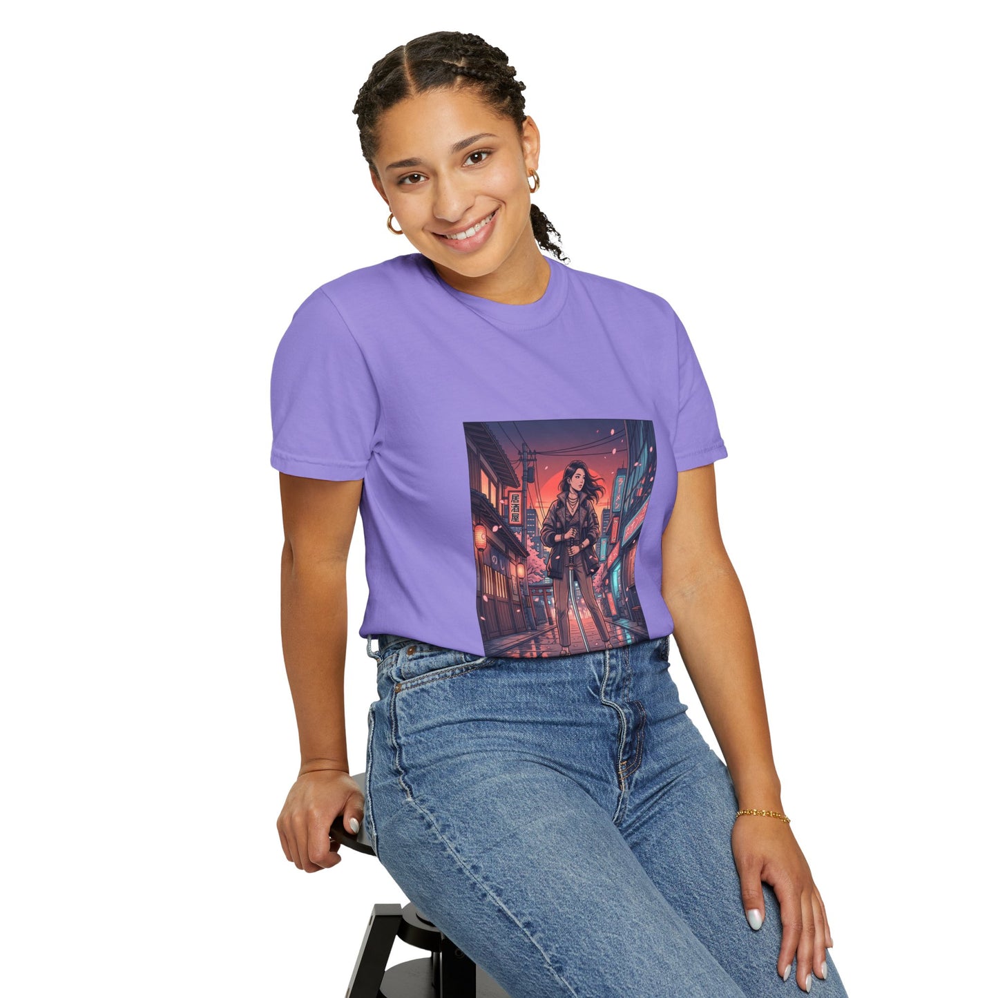 Cyberpunk Night Streets T‑Shirt — Neon Samurai Girl Graphic Tee