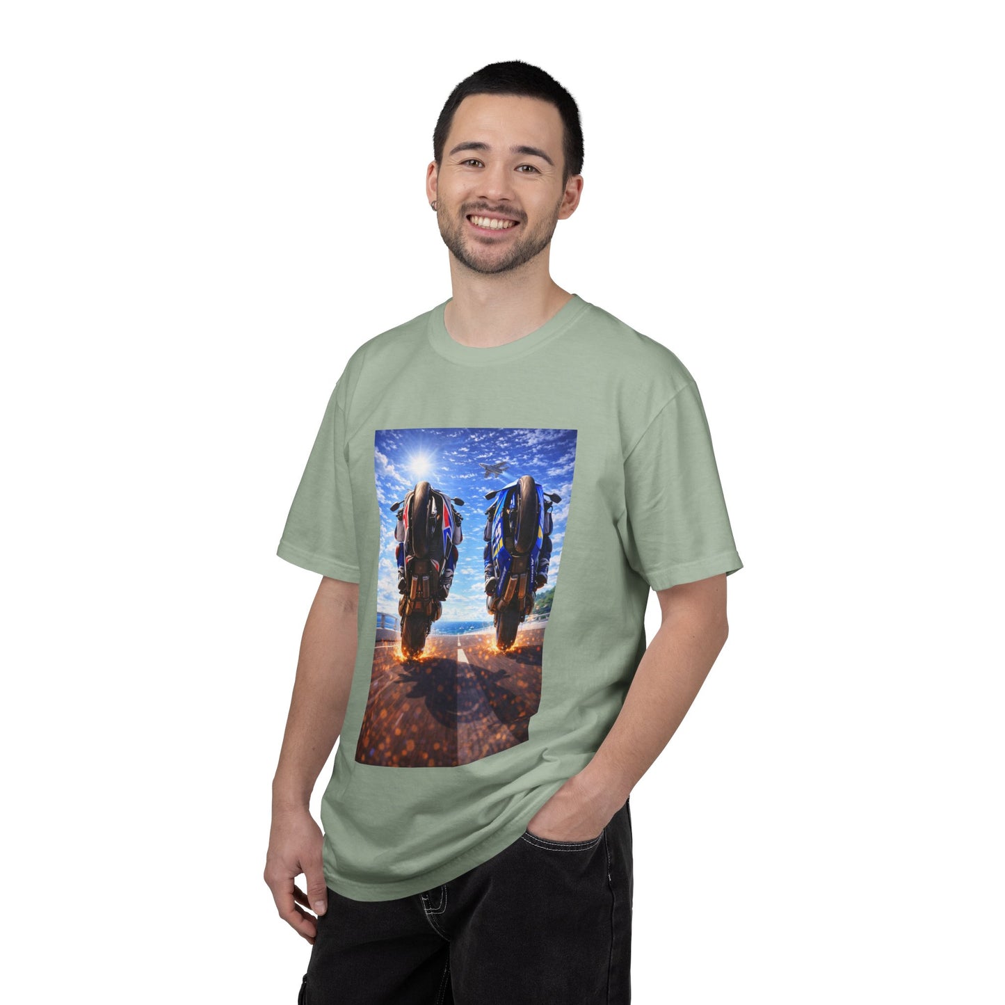Motorcycle Sunset T-Shirt — Two Bikes Riding Into the Horizon