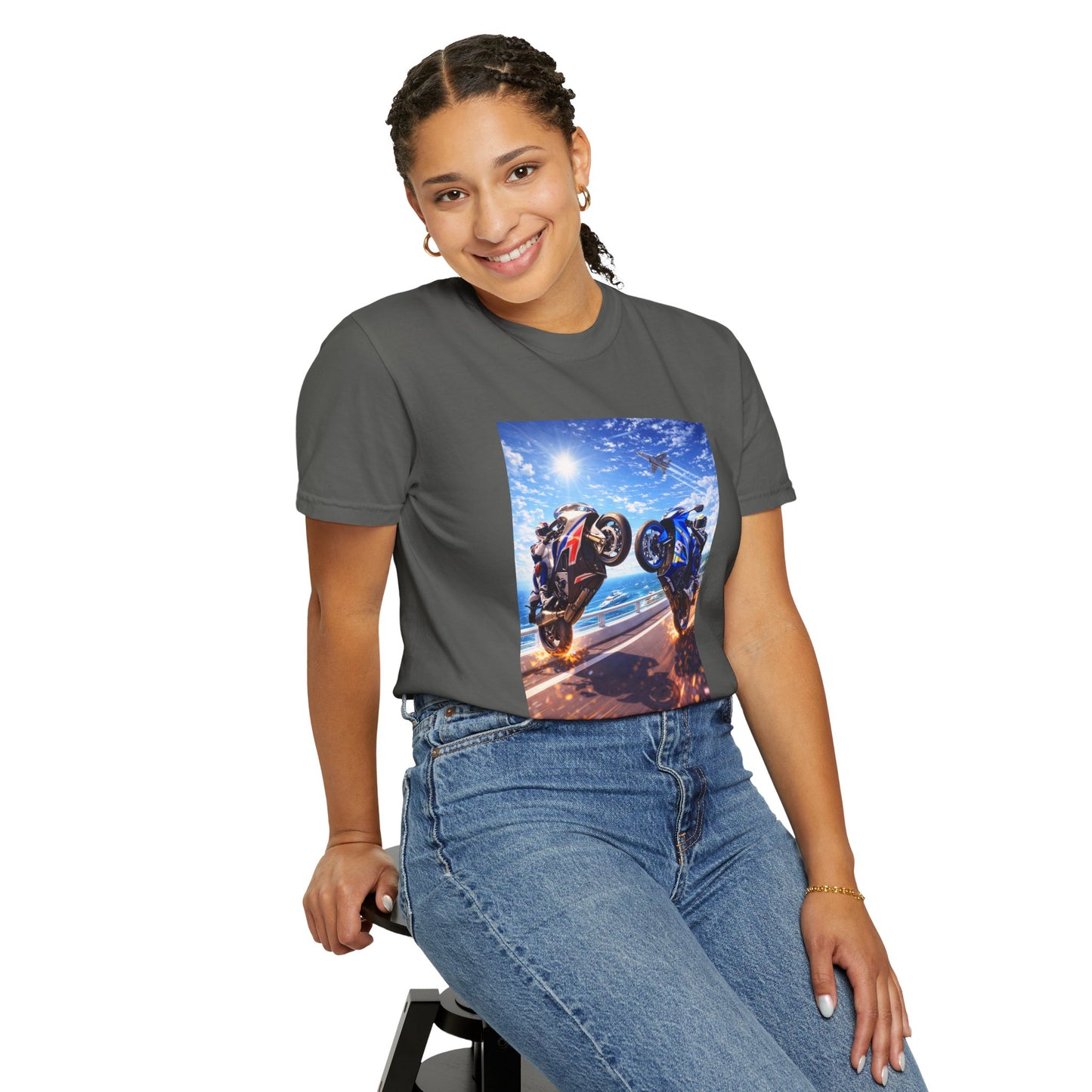 Stunt Riders Motorcycle T-Shirt — Two Bike Wheelie Racing Graphic Tee