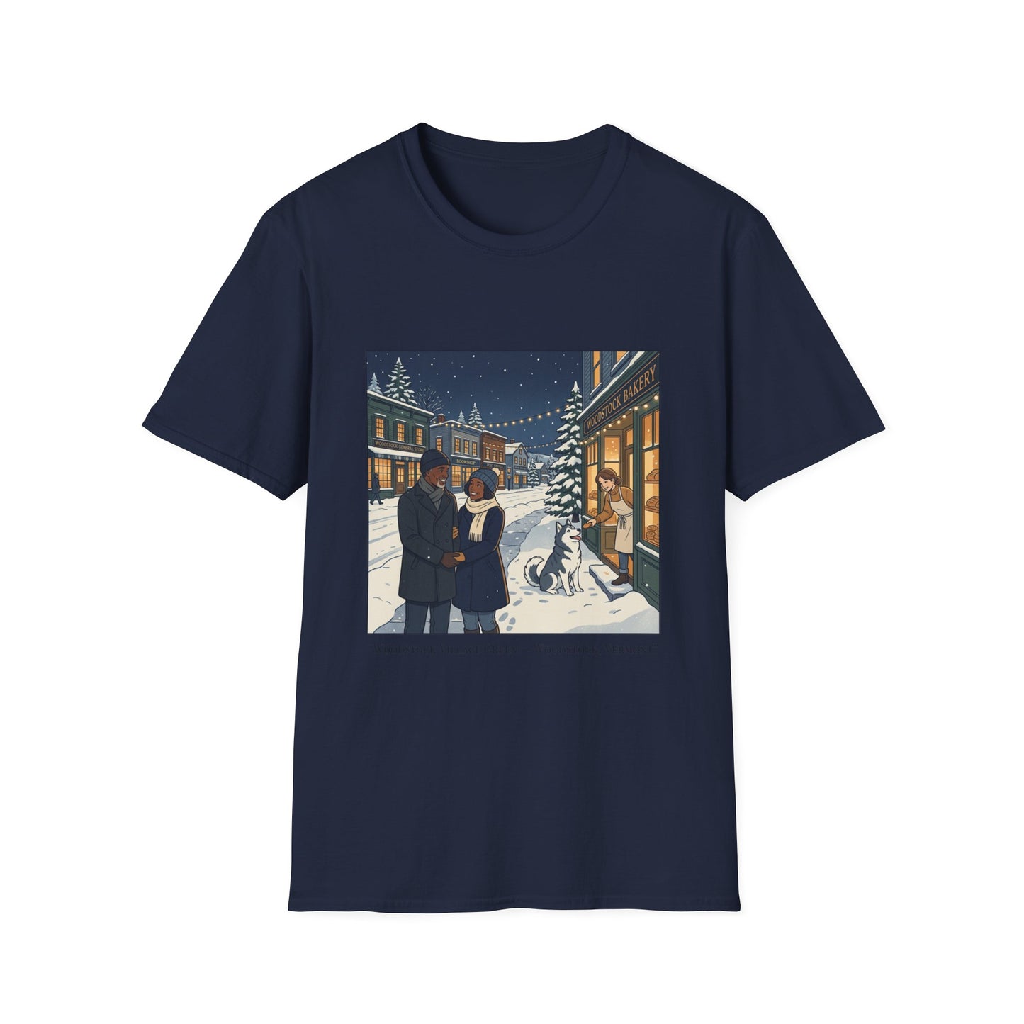 Winter String Lights Stroll T-Shirt — Cozy Holiday Street Scene Graphic Tee