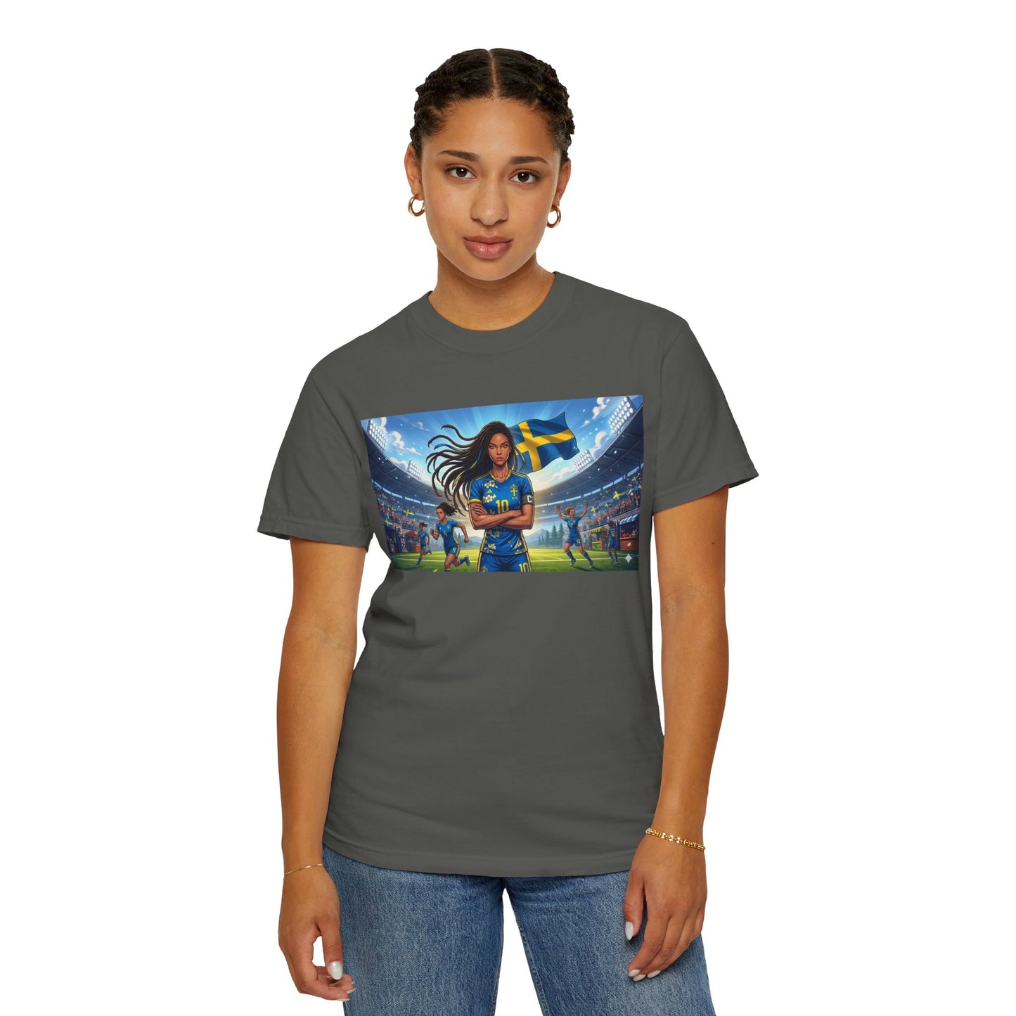 Swedish Soccer Pride T-Shirt — Female Footballer with Flag Stadium Design