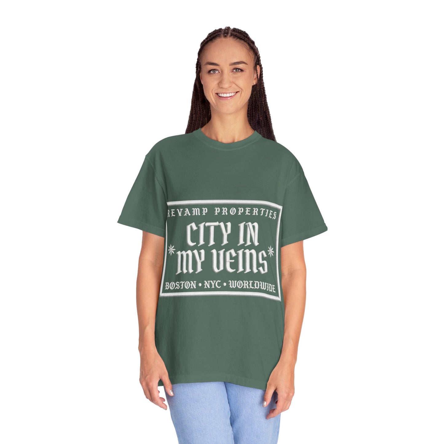 City In My Veins T‑Shirt — Vintage Cityscape Tee (Boston • NYC • Manchester)