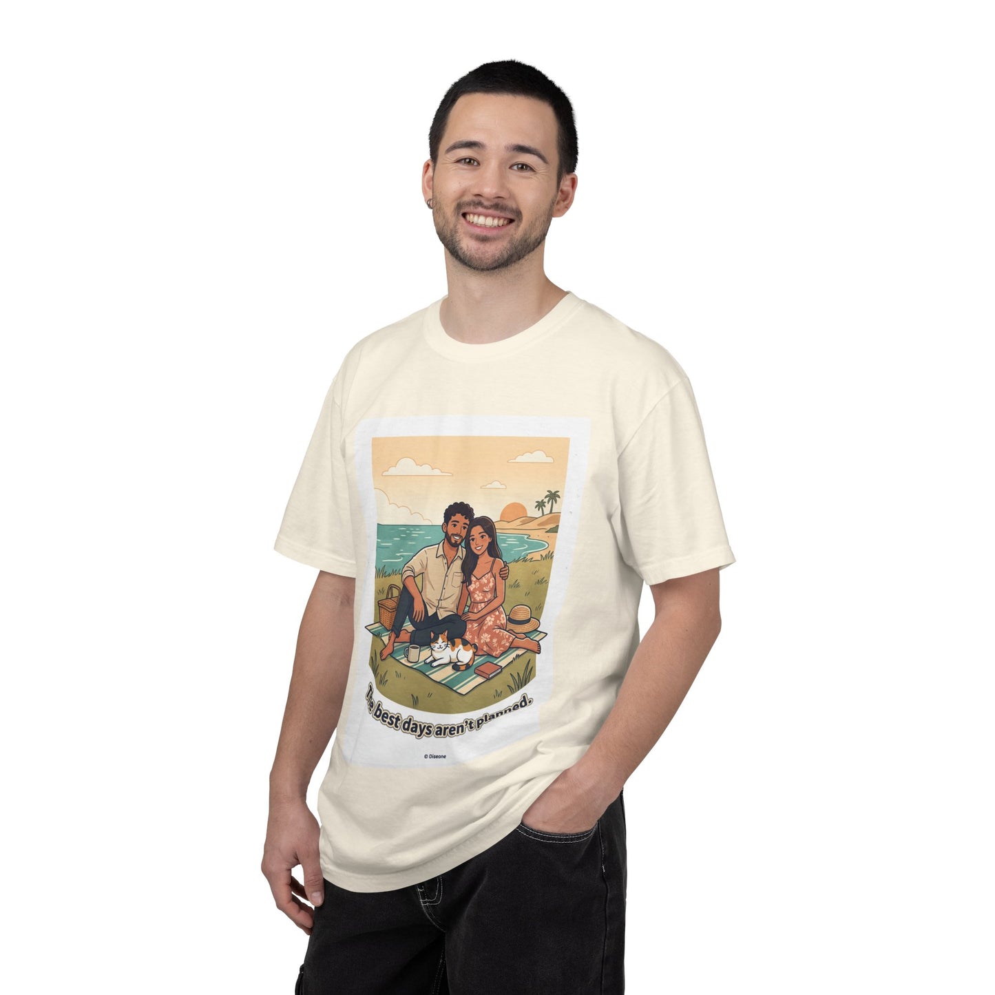 Beach Picnic Couple T‑Shirt — “The best days aren’t planned.” Relaxed Vacation Tee