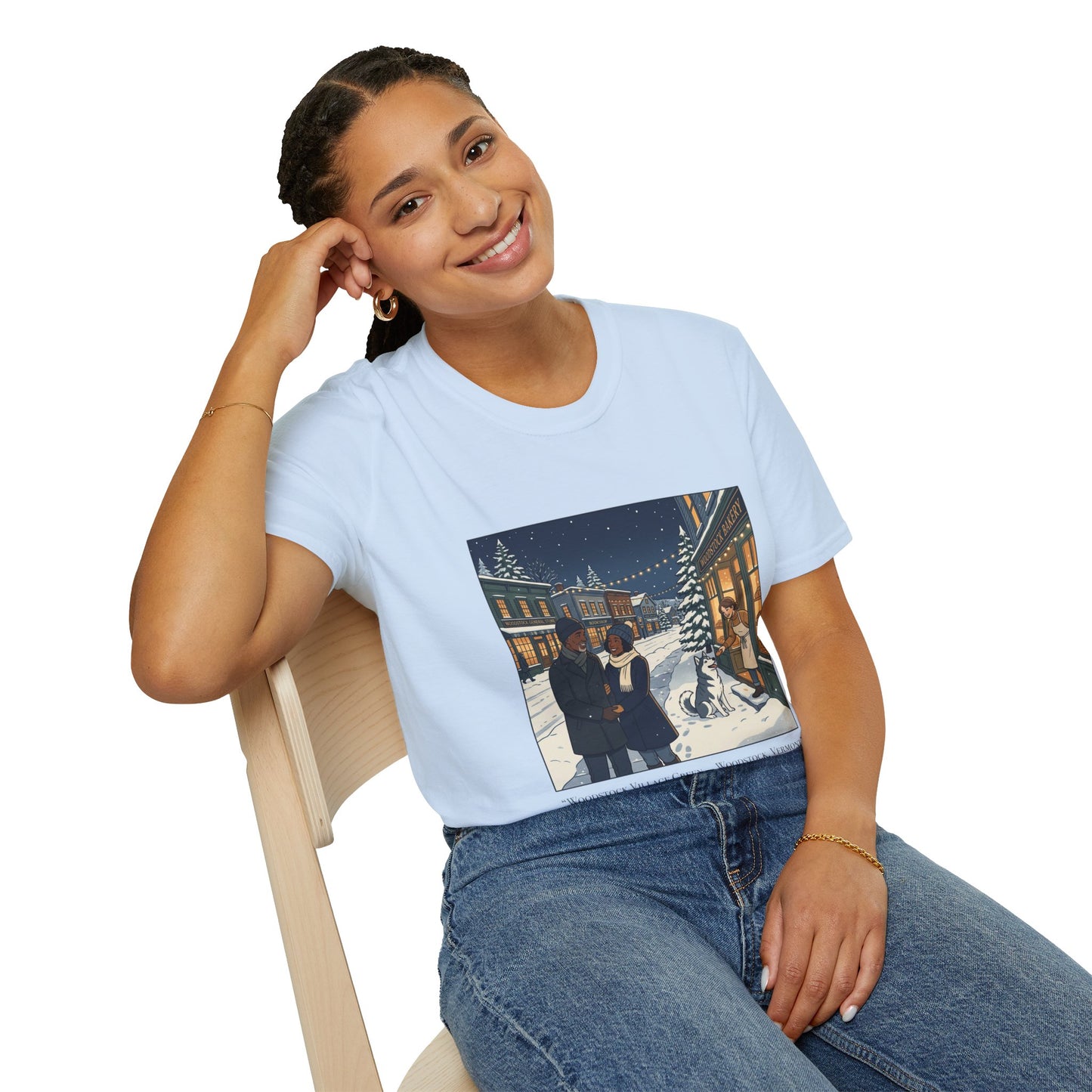Winter String Lights Stroll T-Shirt — Cozy Holiday Street Scene Graphic Tee