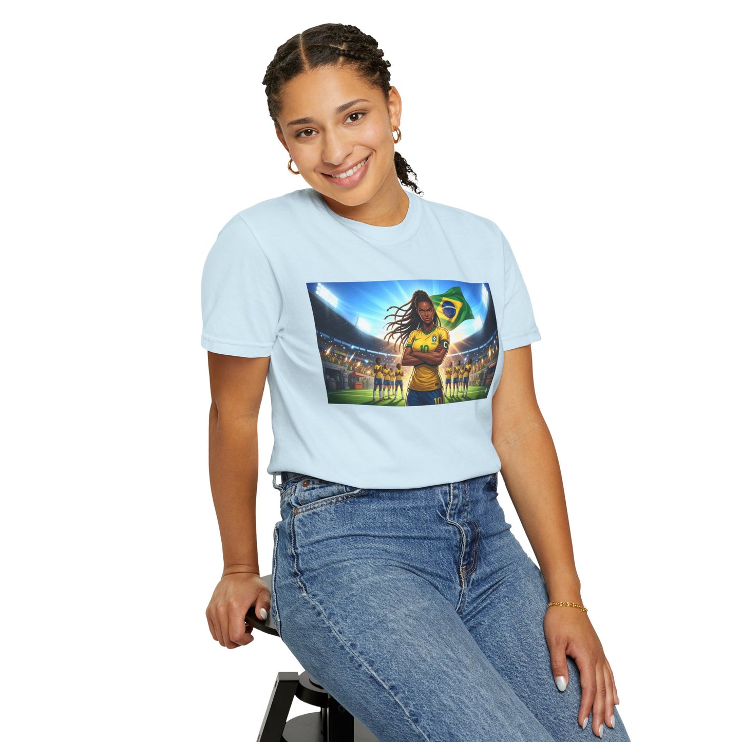 Brazil Soccer Captain T-Shirt — Player Holding Ball with Brazilian Flag Stadium Graphic