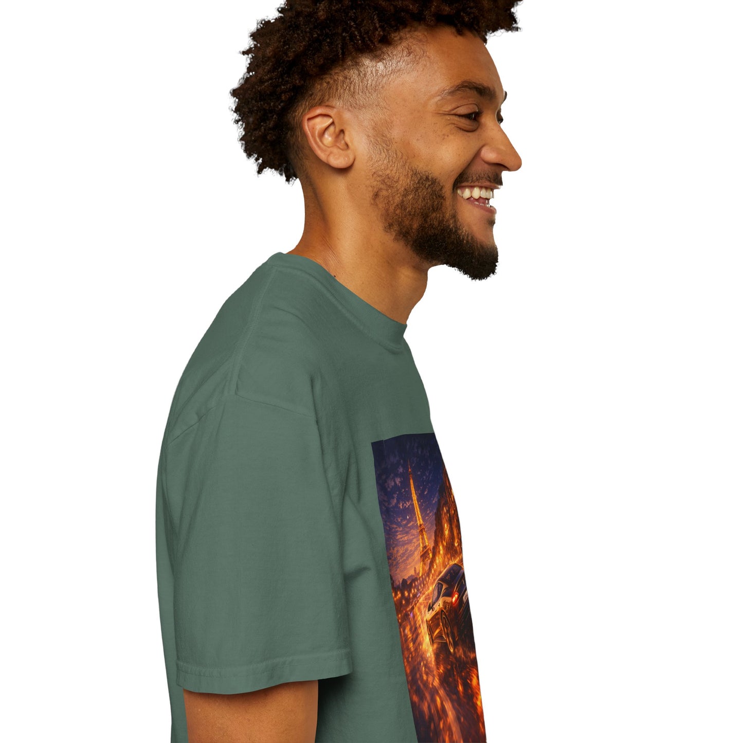 Paris Night Drive T-Shirt — Sports Car in Rainy Cityscape