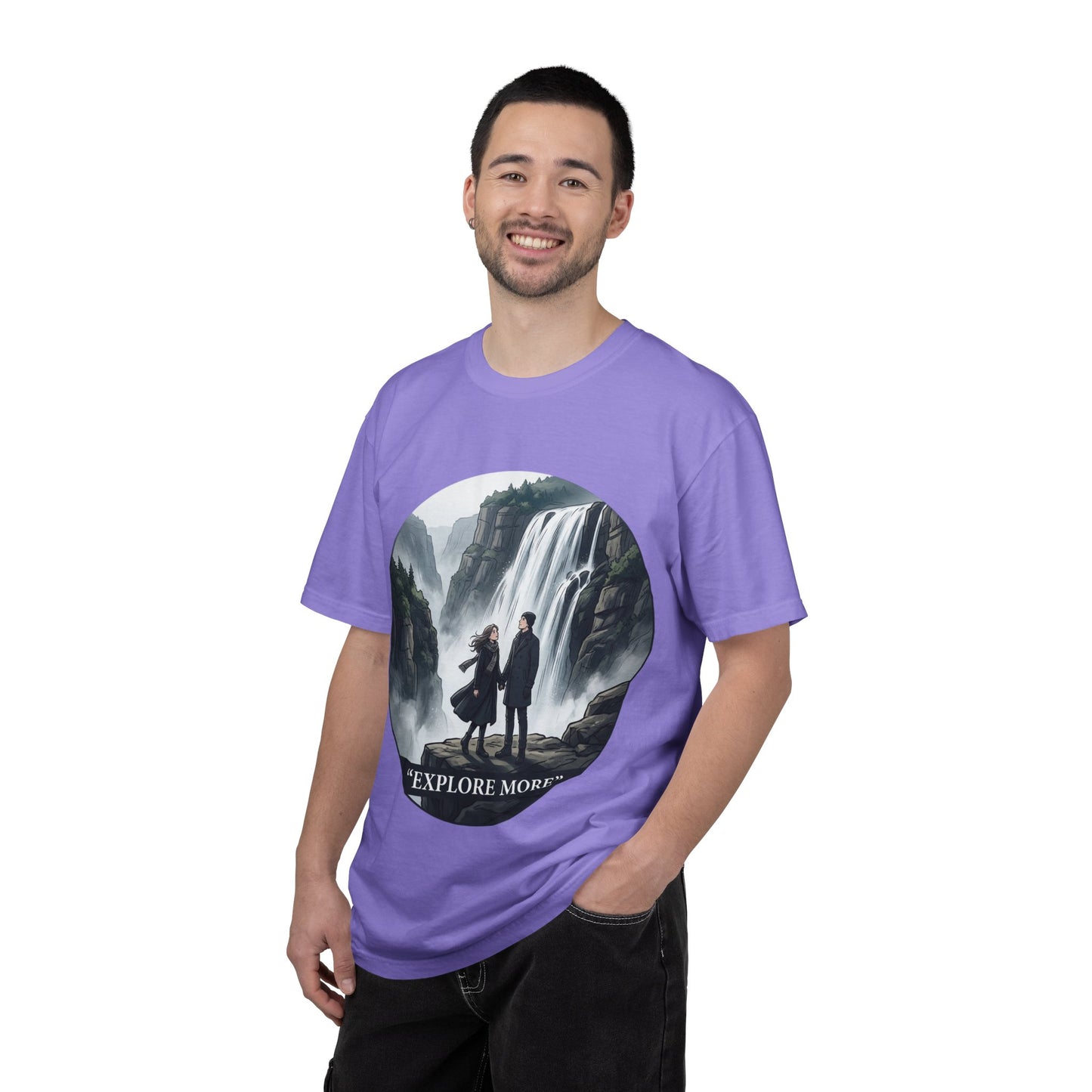 Explore More T-Shirt — Adventure Graphic Tee with Waterfall Scene