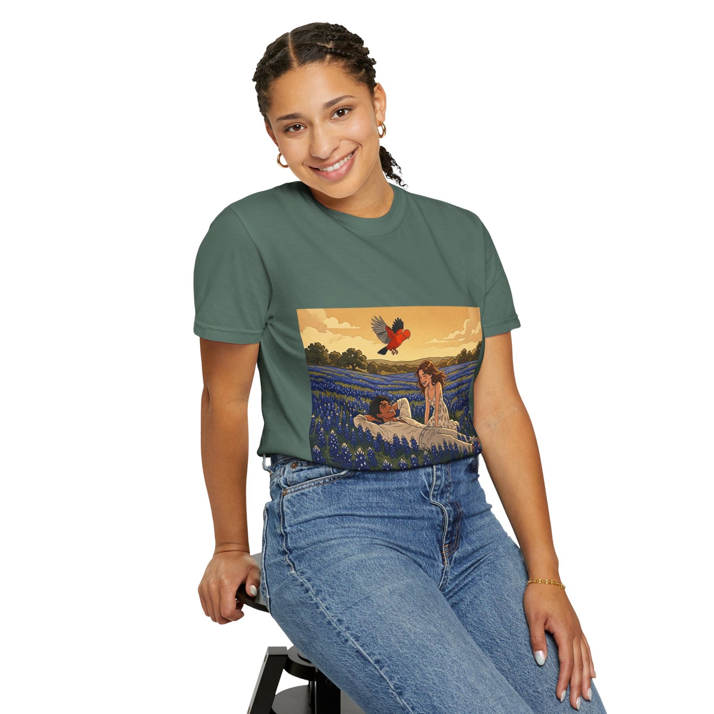 Romantic Bluebonnet Field T-Shirt — Couple in Wildflower Meadow Art Tee