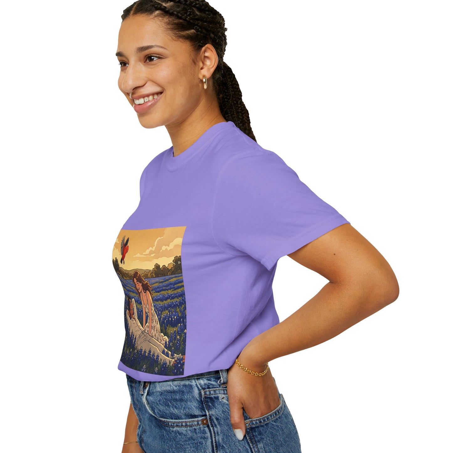 Romantic Bluebonnet Field T-Shirt — Couple in Wildflower Meadow Art Tee