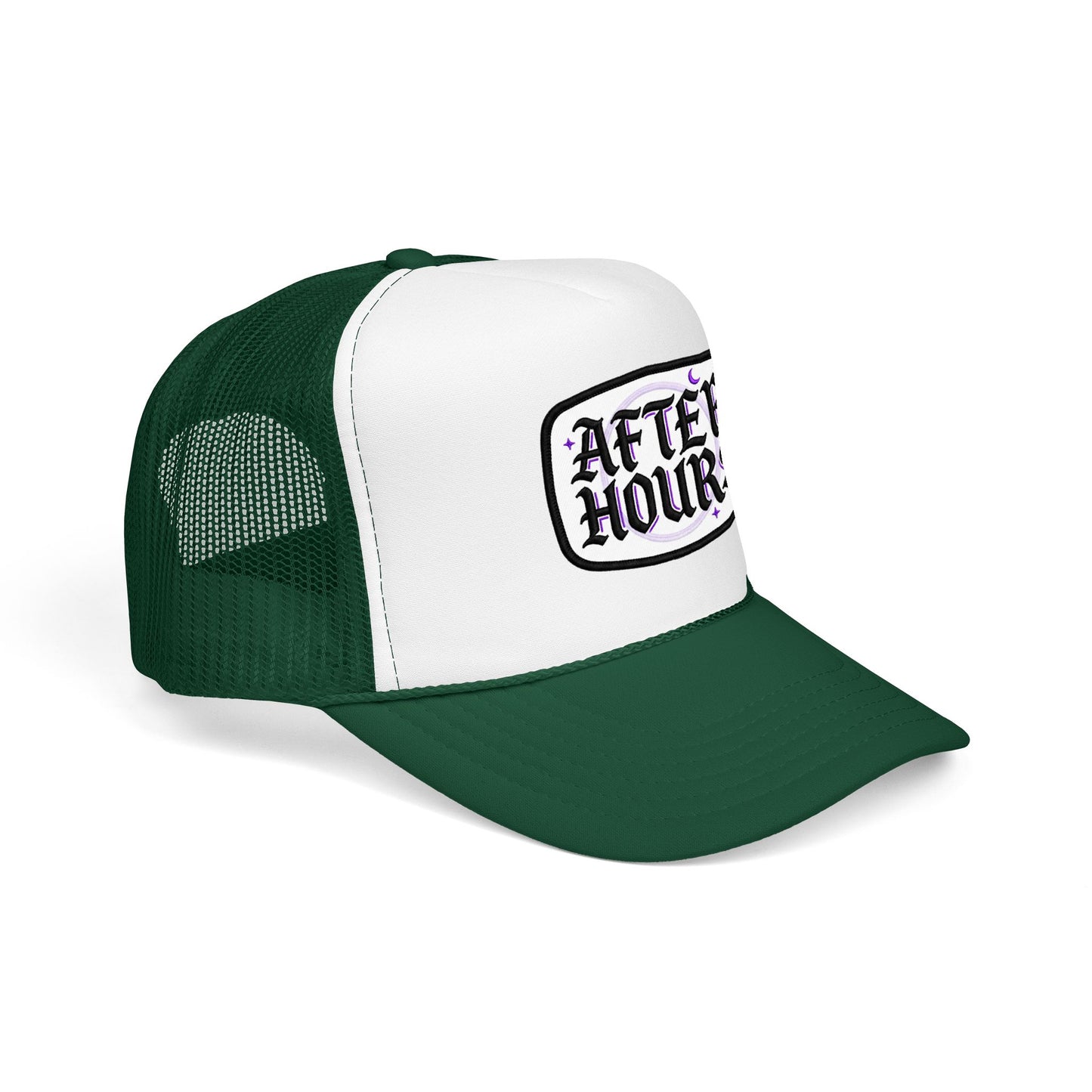 After Hours Foam Trucker Hat – Retro Gothic Embroidered Patch Cap