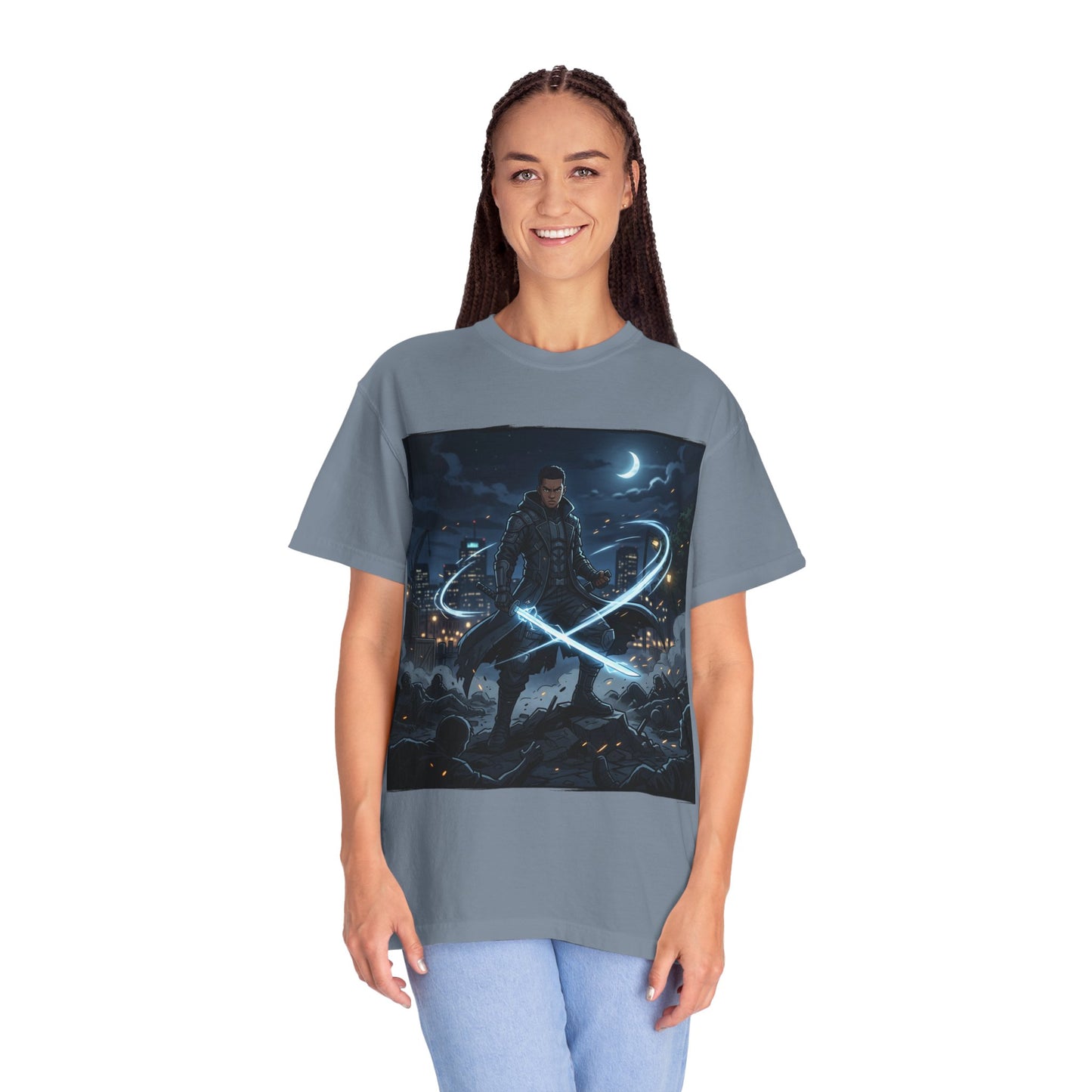 Urban Night Warrior T-Shirt — Neon Samurai Cityscape
