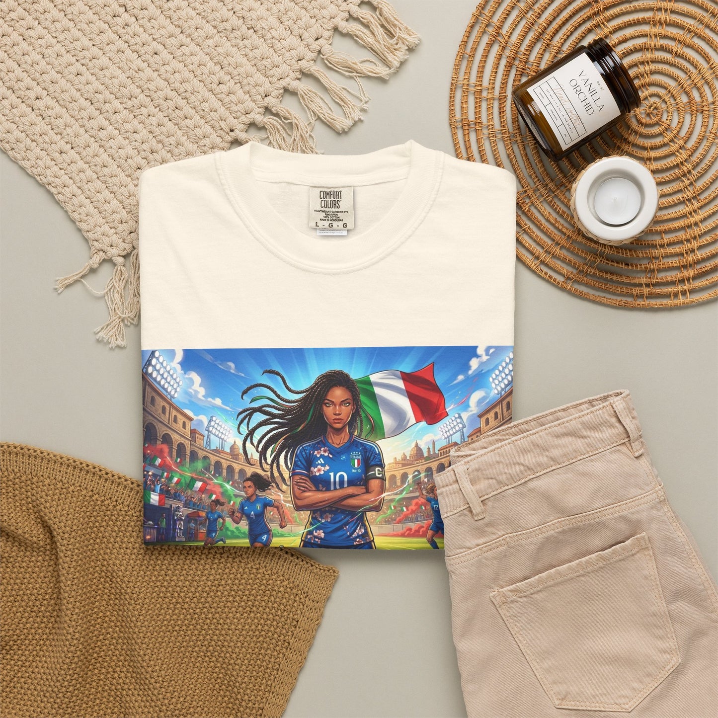 Italian Soccer Fan T‑Shirt – Inspirational Female Player with Italy Flag Stadium Print