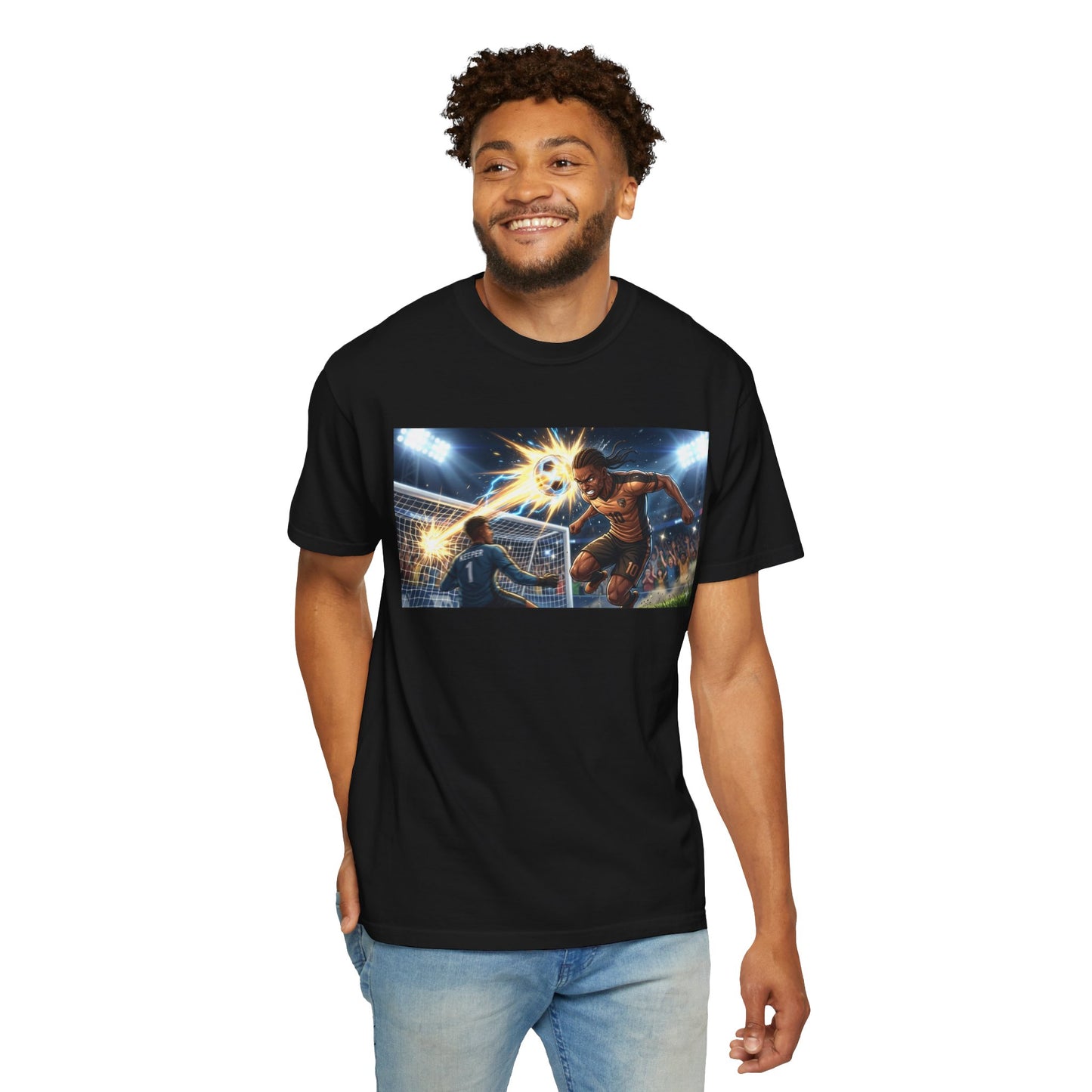 Soccer Goal Celebration T-Shirt — Action Football Scene Graphic Tee