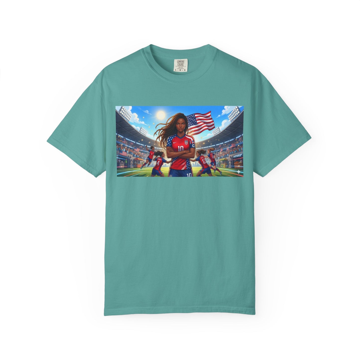 Soccer Mom USA T-Shirt — Female Soccer Player with American Flag Stadium Graphic