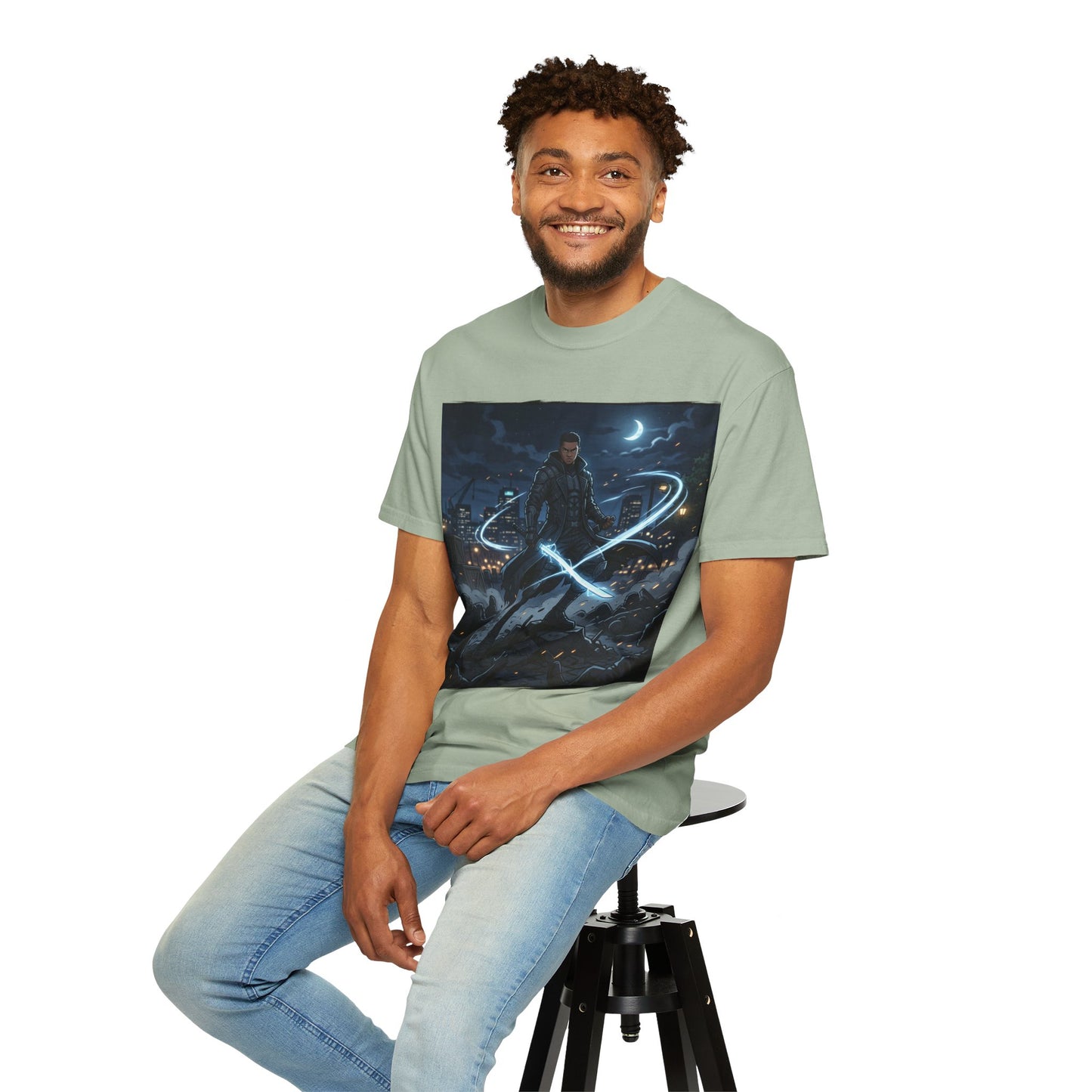 Urban Night Warrior T-Shirt — Neon Samurai Cityscape