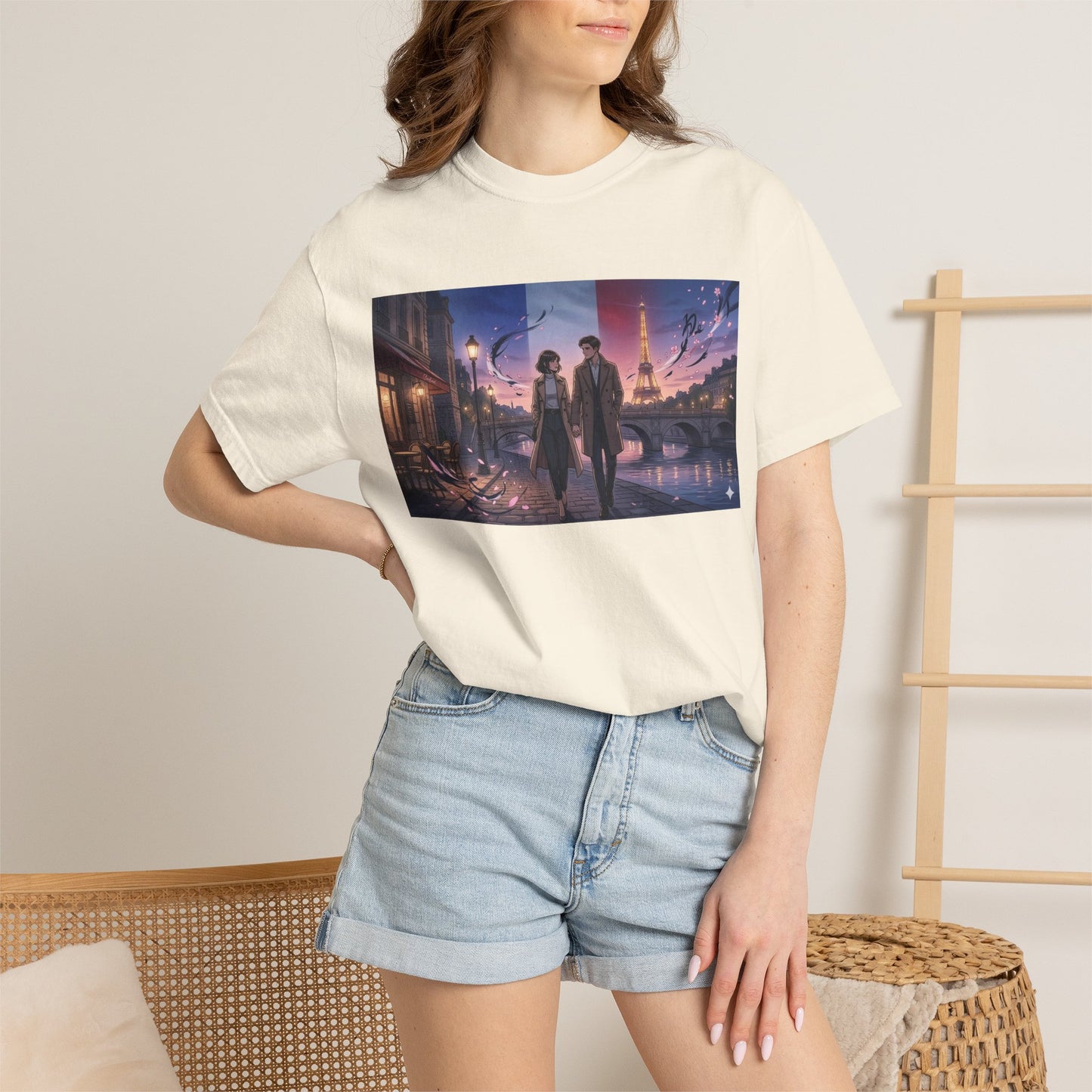 Couple Walking, Eiffel Tower - T-Shirt — Romantic Paris Nightscape Graphic Tee