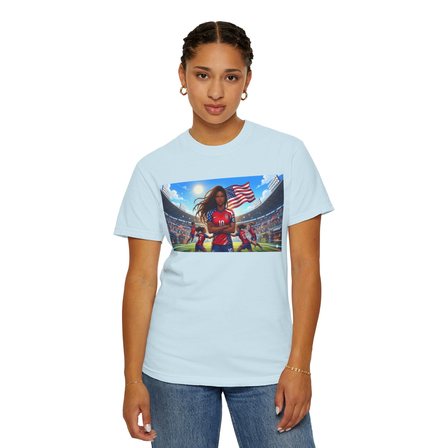 Soccer Mom USA T-Shirt — Female Soccer Player with American Flag Stadium Graphic