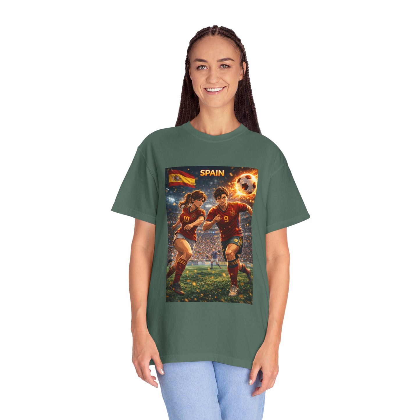 Spain Soccer Graphic T-Shirt — Retro Match Scene with Flag