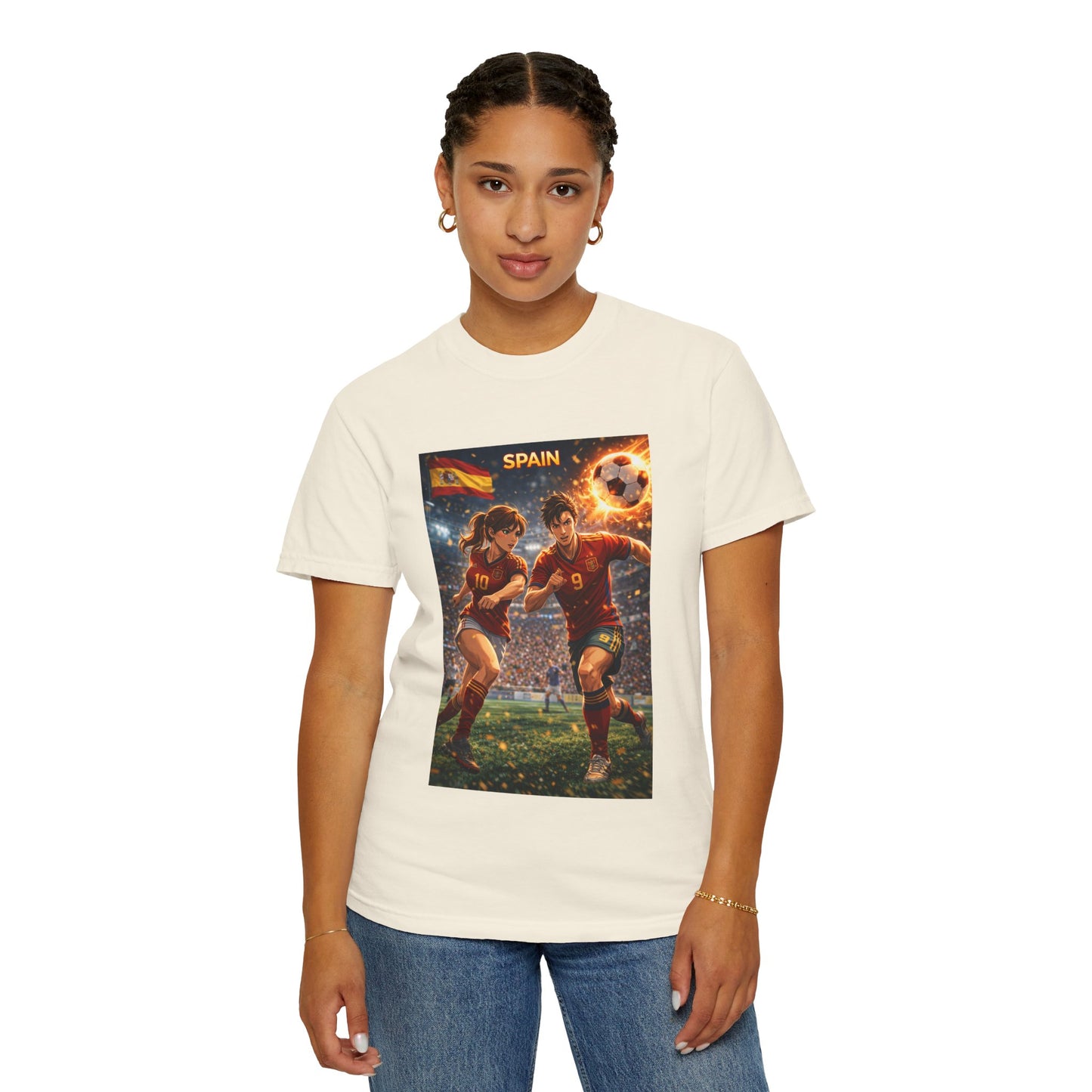 Spain Soccer Graphic T-Shirt — Retro Match Scene with Flag