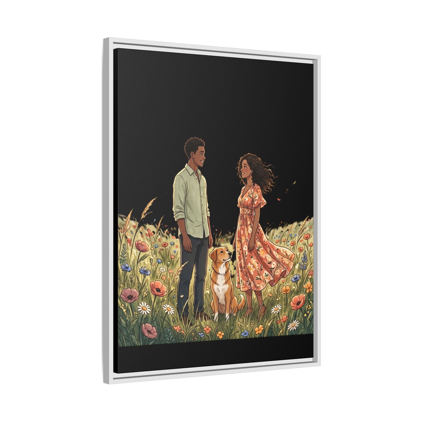 Framed Matte Canvas Print — Romantic Couple in Wildflower Field (Multi‑Color)