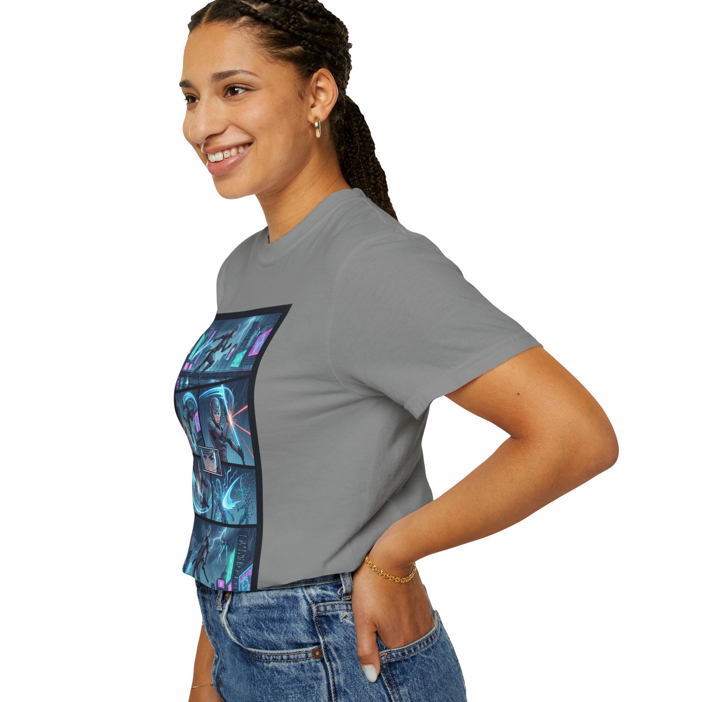 Cyberpunk Girl Samurai T-Shirt — Neon Manga Panel Graphic Tee