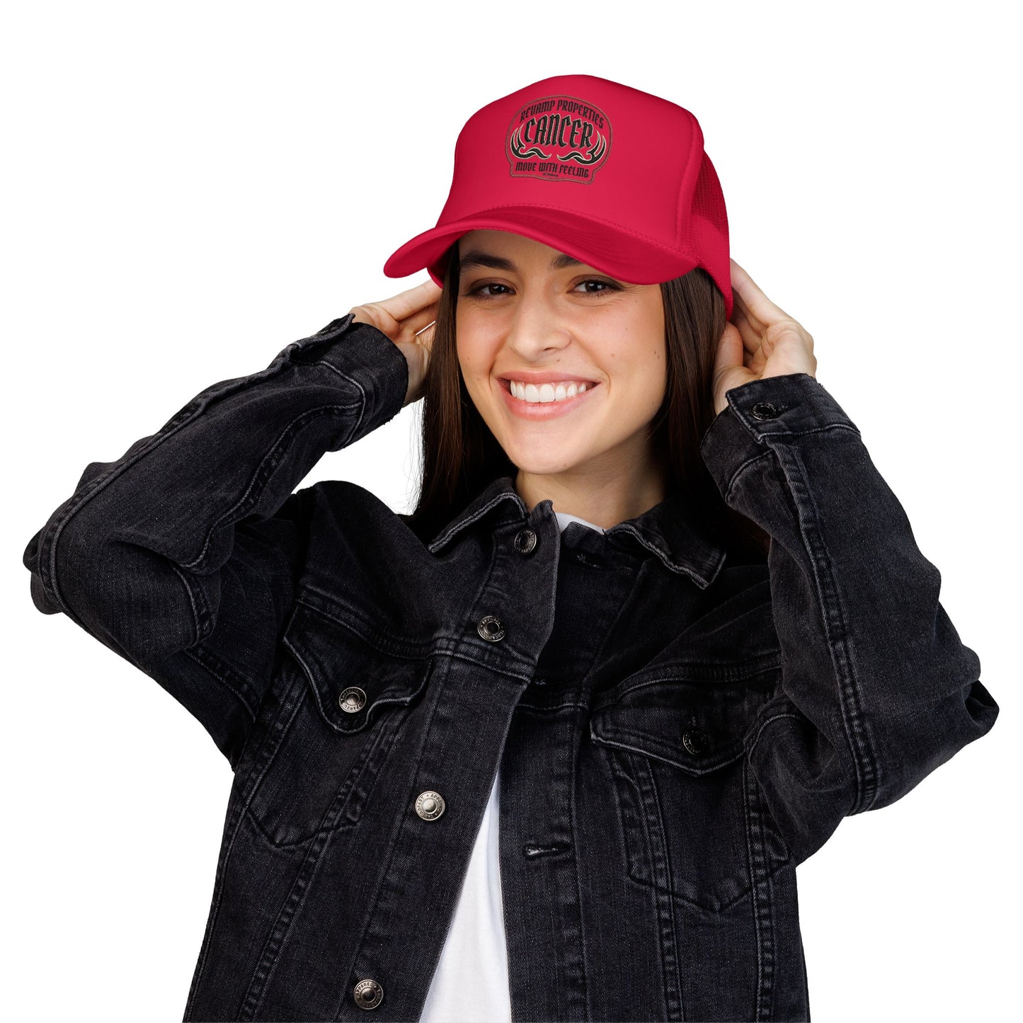 Cancer Zodiac Trucker Hat — Vintage Embroidered Skull & Crab Design