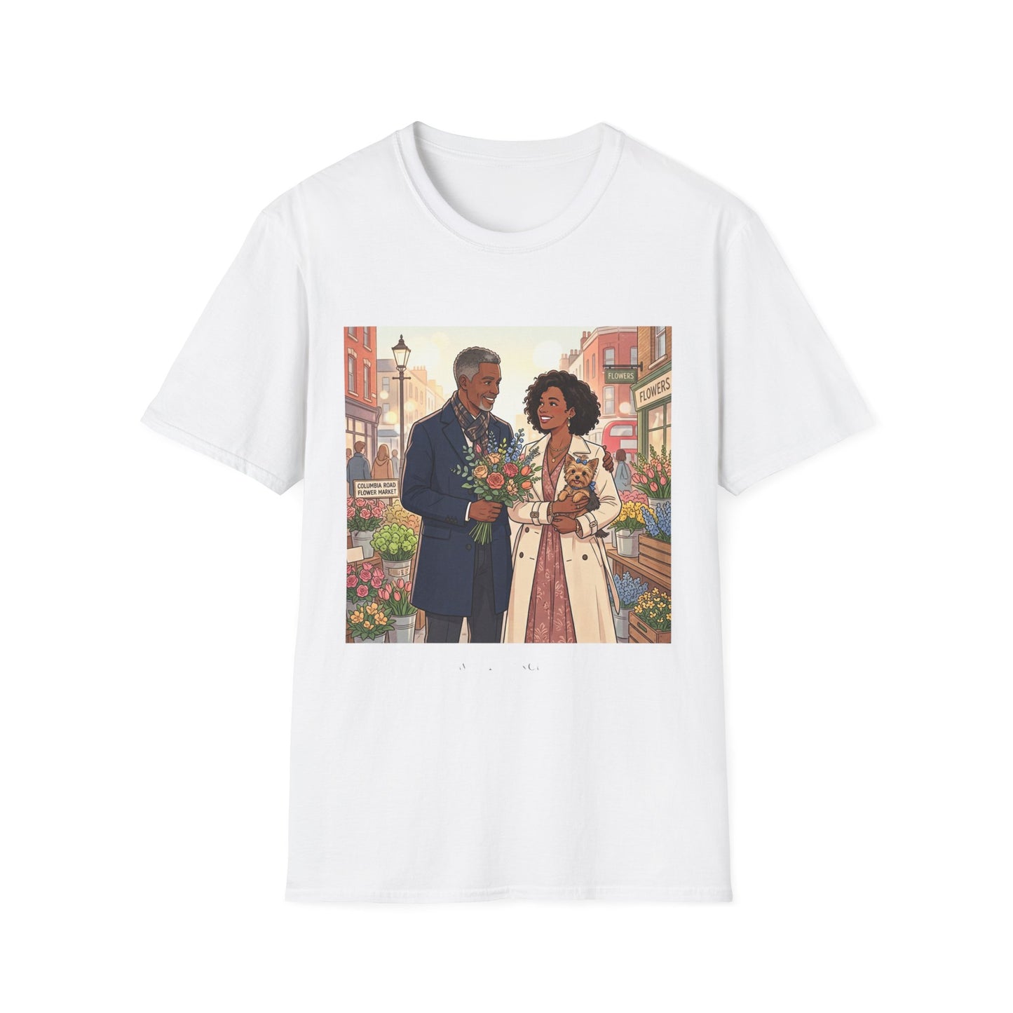 Romantic City Stroll T-Shirt — Couple Bouquet Illustration
