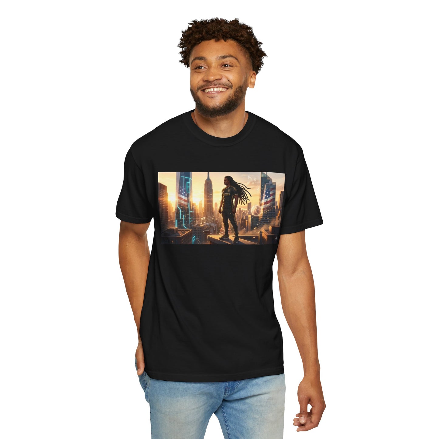 Cyberpunk Cityscape T-Shirt — Silhouette Hero at Sunset
