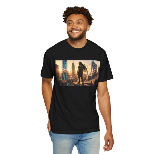 Cyberpunk Cityscape T-Shirt — Silhouette Hero at Sunset