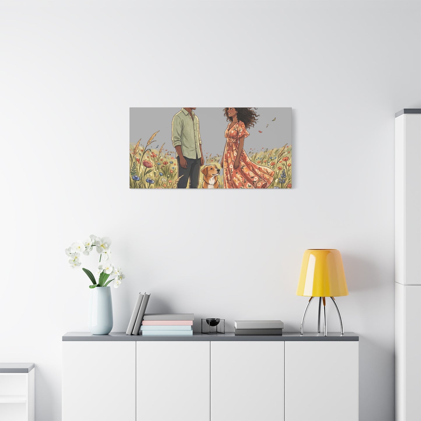 Romantic Couple in Wildflower Field Canvas Art — Black Love Wall Decor with Dog