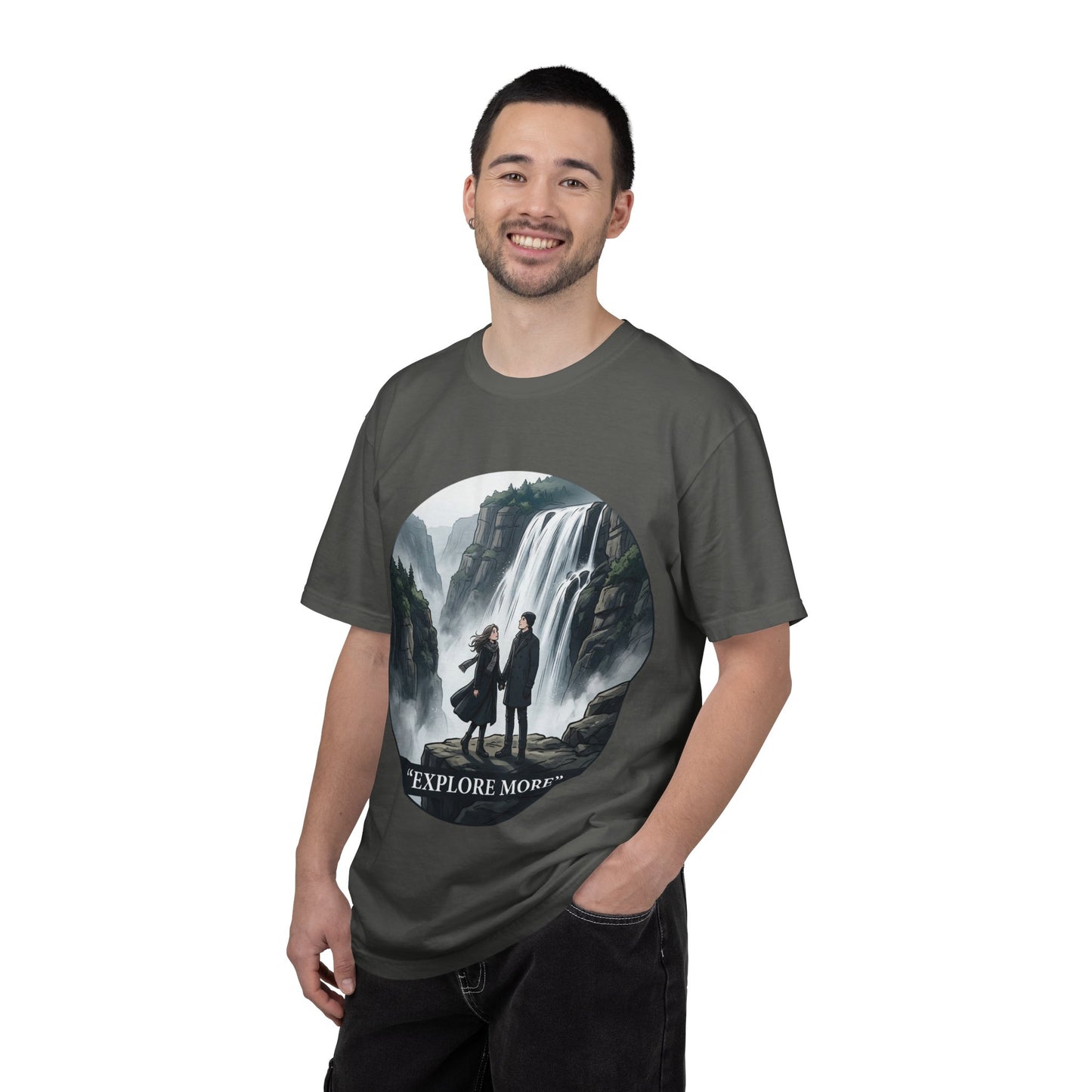 Explore More T-Shirt — Adventure Graphic Tee with Waterfall Scene