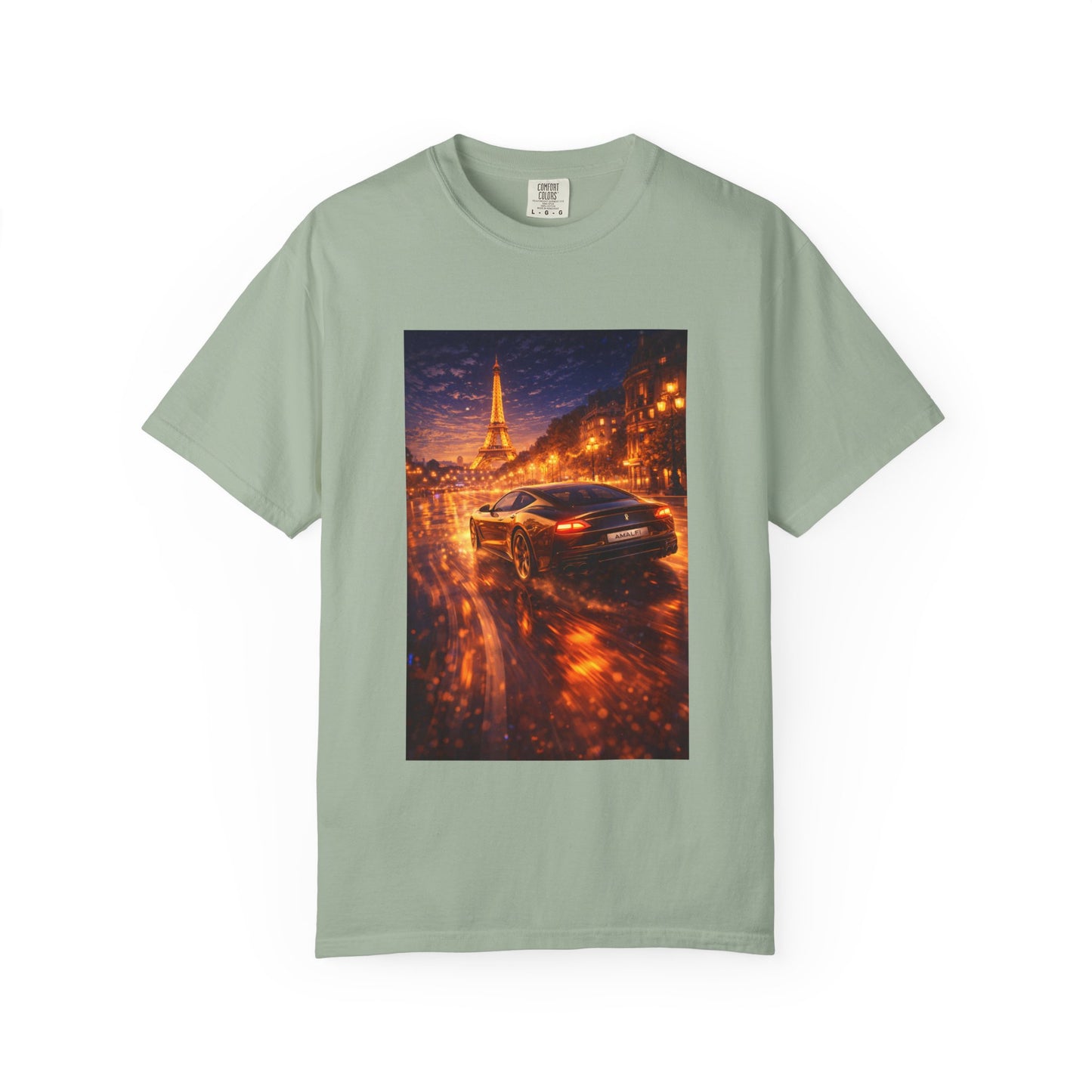 Paris Night Drive T-Shirt — Sports Car in Rainy Cityscape