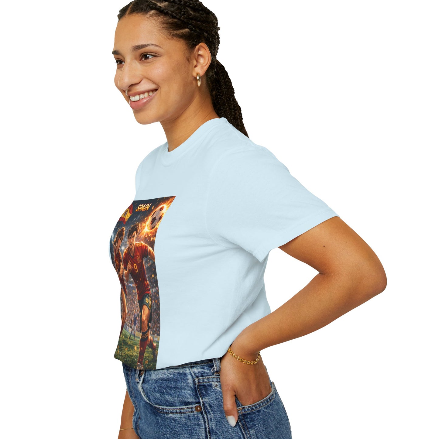 Spain Soccer Graphic T-Shirt — Retro Match Scene with Flag