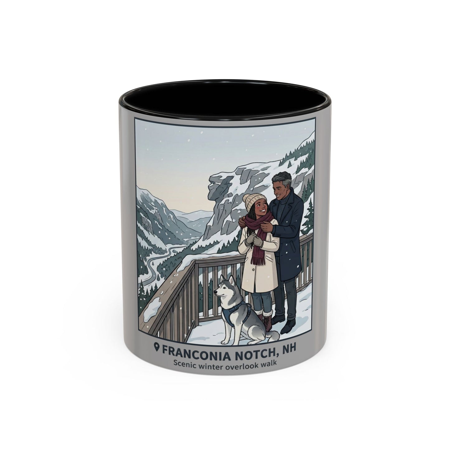 Franconia Notch Scenic Winter Mug — Couples & Dog Snowy Overlook Coffee Cup (11/15oz)