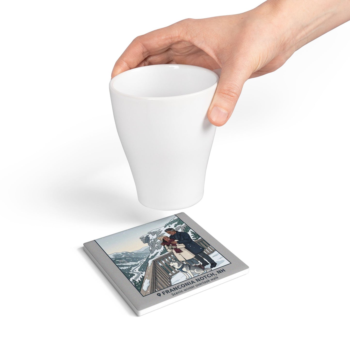 Franconia Notch Winter Scenic Ceramic Coaster — Couple with Husky Snowview