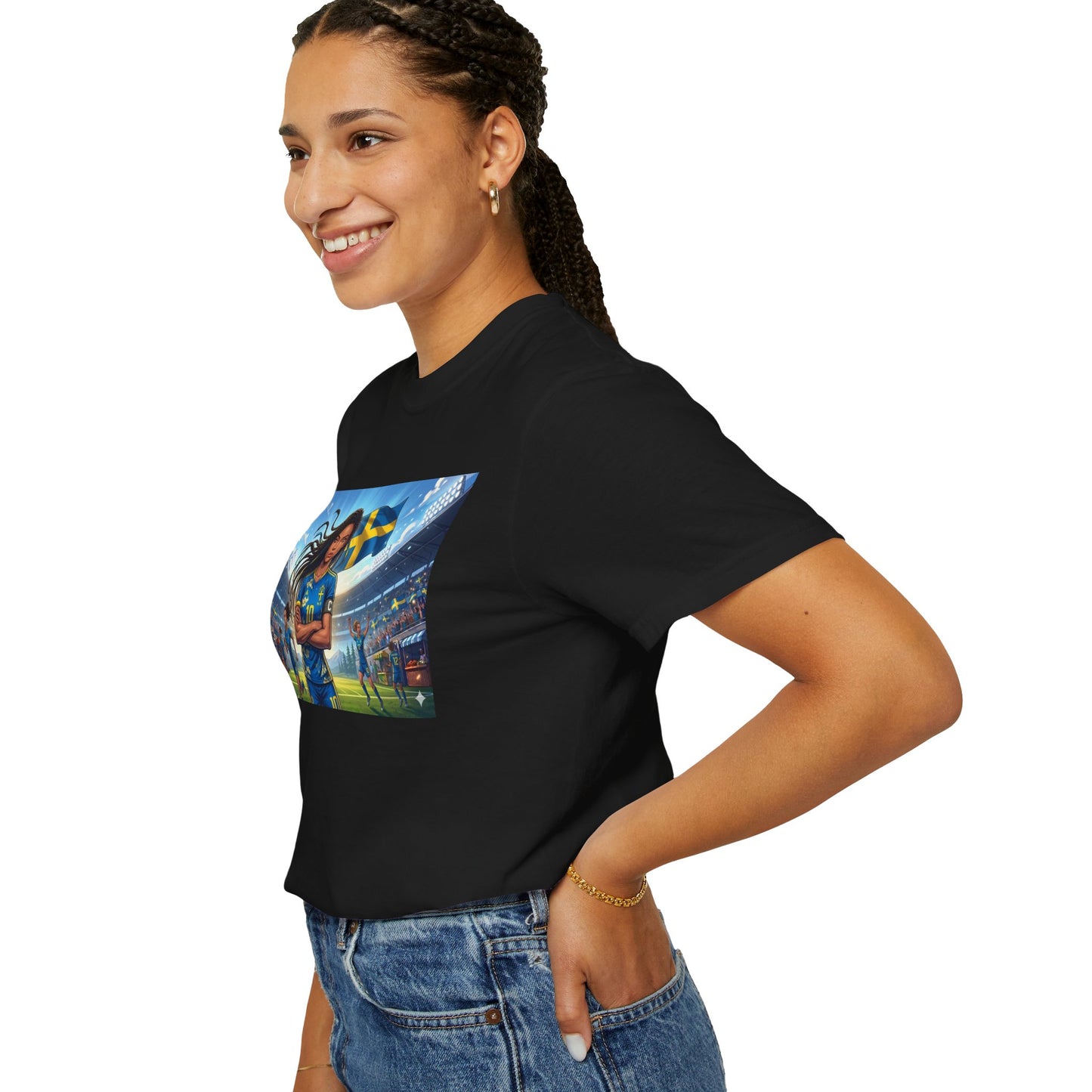 Swedish Soccer Pride T-Shirt — Female Footballer with Flag Stadium Design