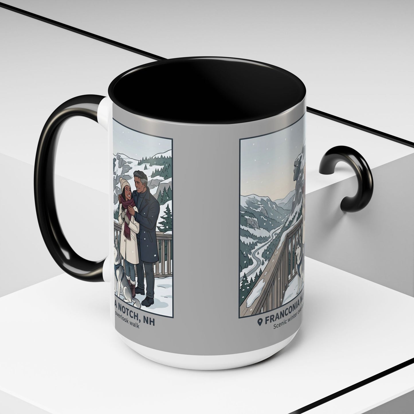 Franconia Notch Scenic Winter Mug — Couples & Dog Snowy Overlook Coffee Cup (11/15oz)