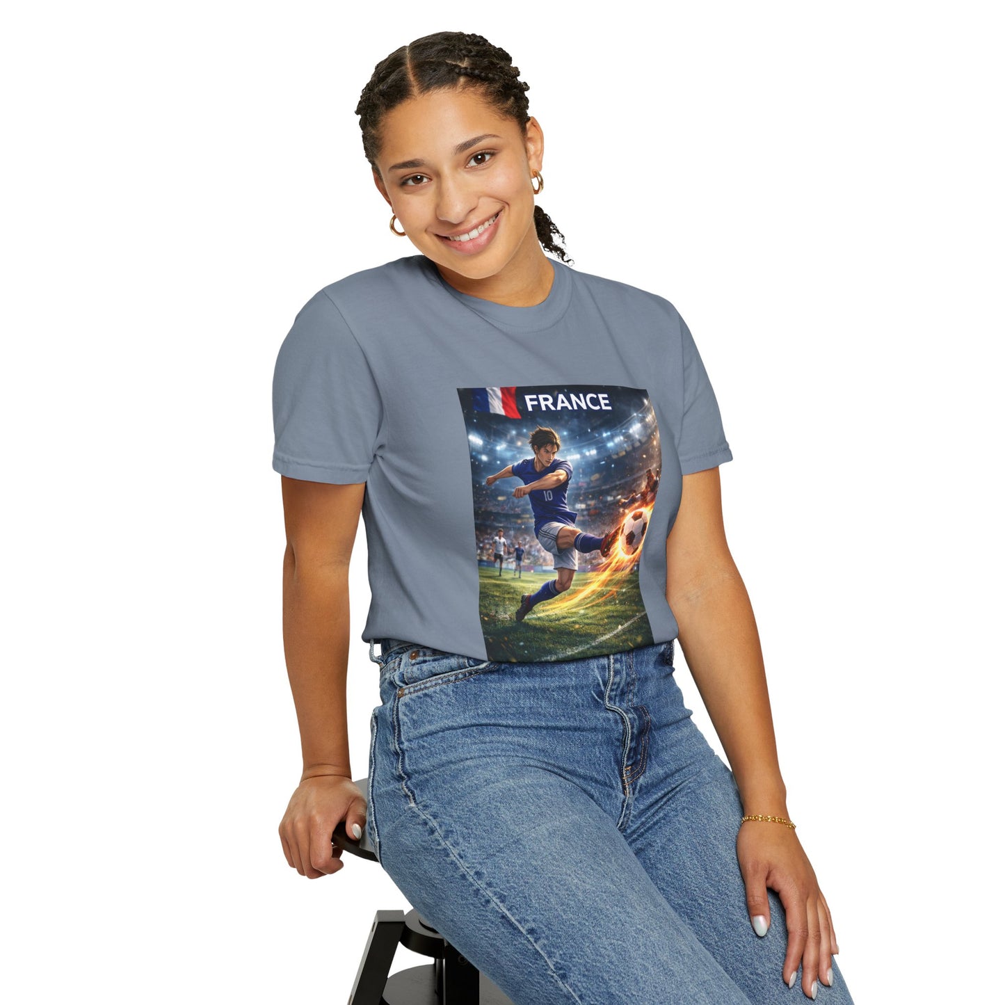 France Soccer Player Graphic T-Shirt — Football Kick Stadium Design