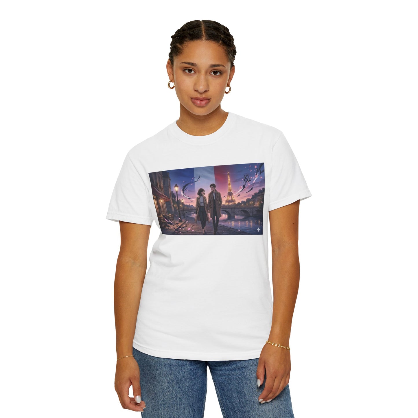 Couple Walking, Eiffel Tower - T-Shirt — Romantic Paris Nightscape Graphic Tee