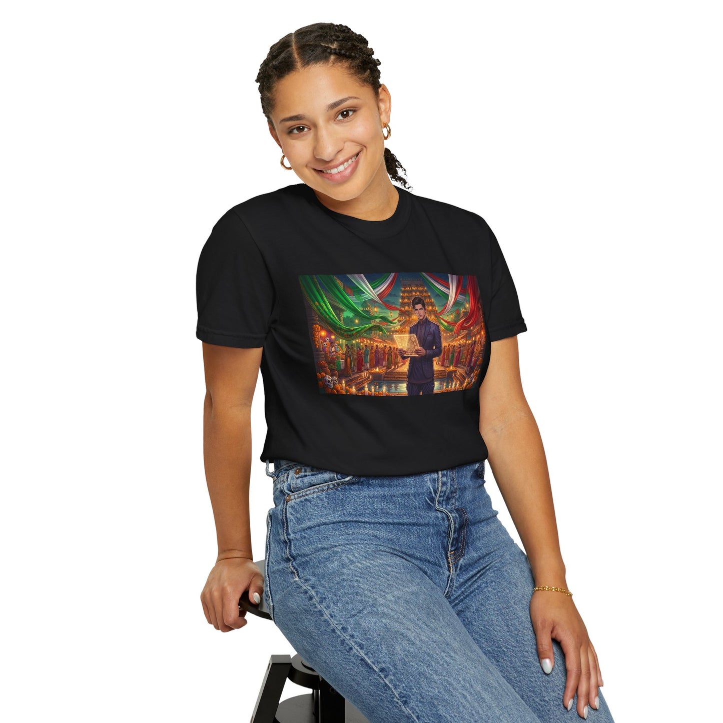 T-Shirt — Dragon Temple Night Scene Graphic Tee (Monk with Dragons)